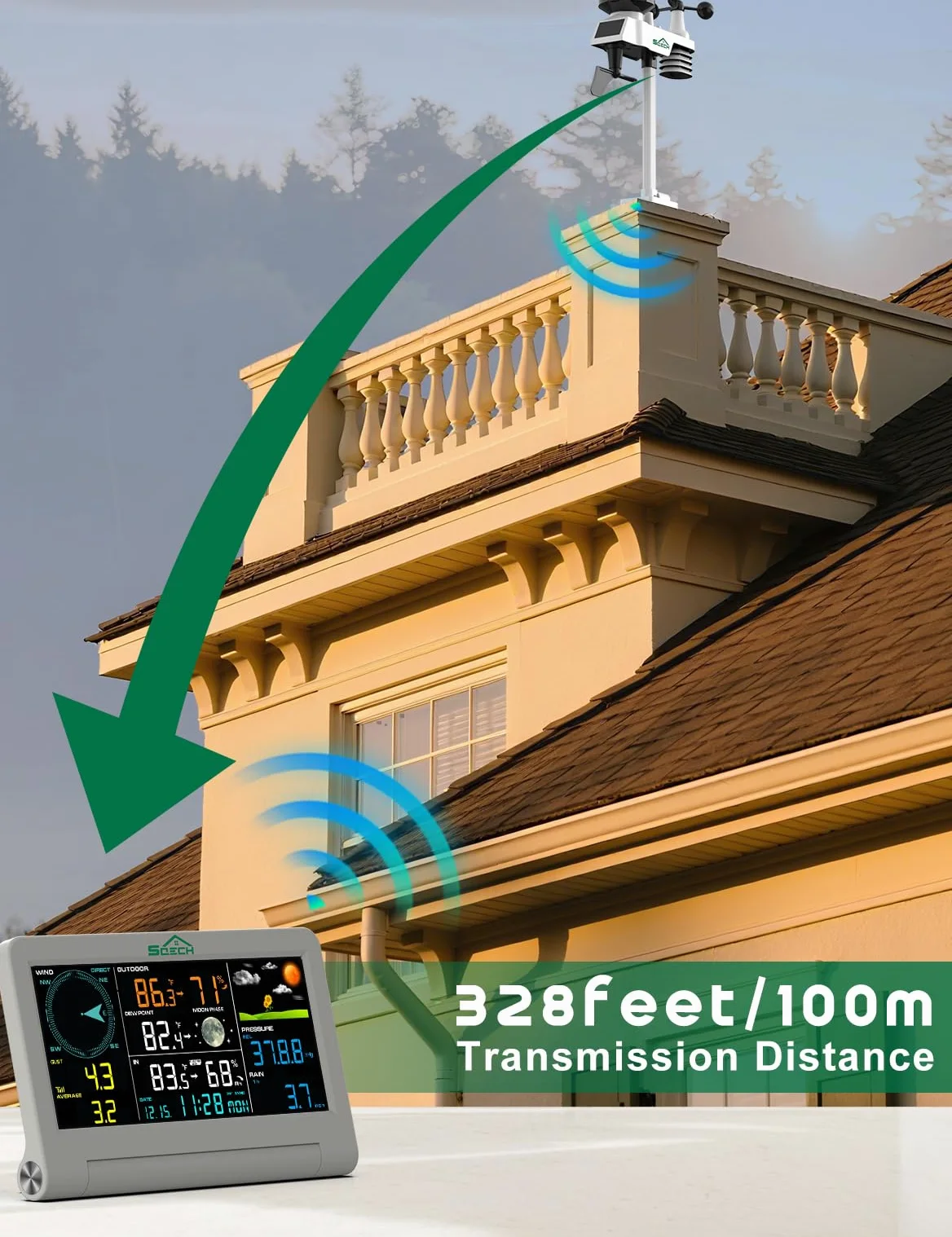 SQECH Wetterstationen Innen und Außentemperatur Funk mit Wettervorhersage | 7-in-1 Wetterstation Funk mit Außensensor, Regenmesser, Windmesser, Temperatur, Luftfeuchtigkeit, Mondphase, Datum, Wecker