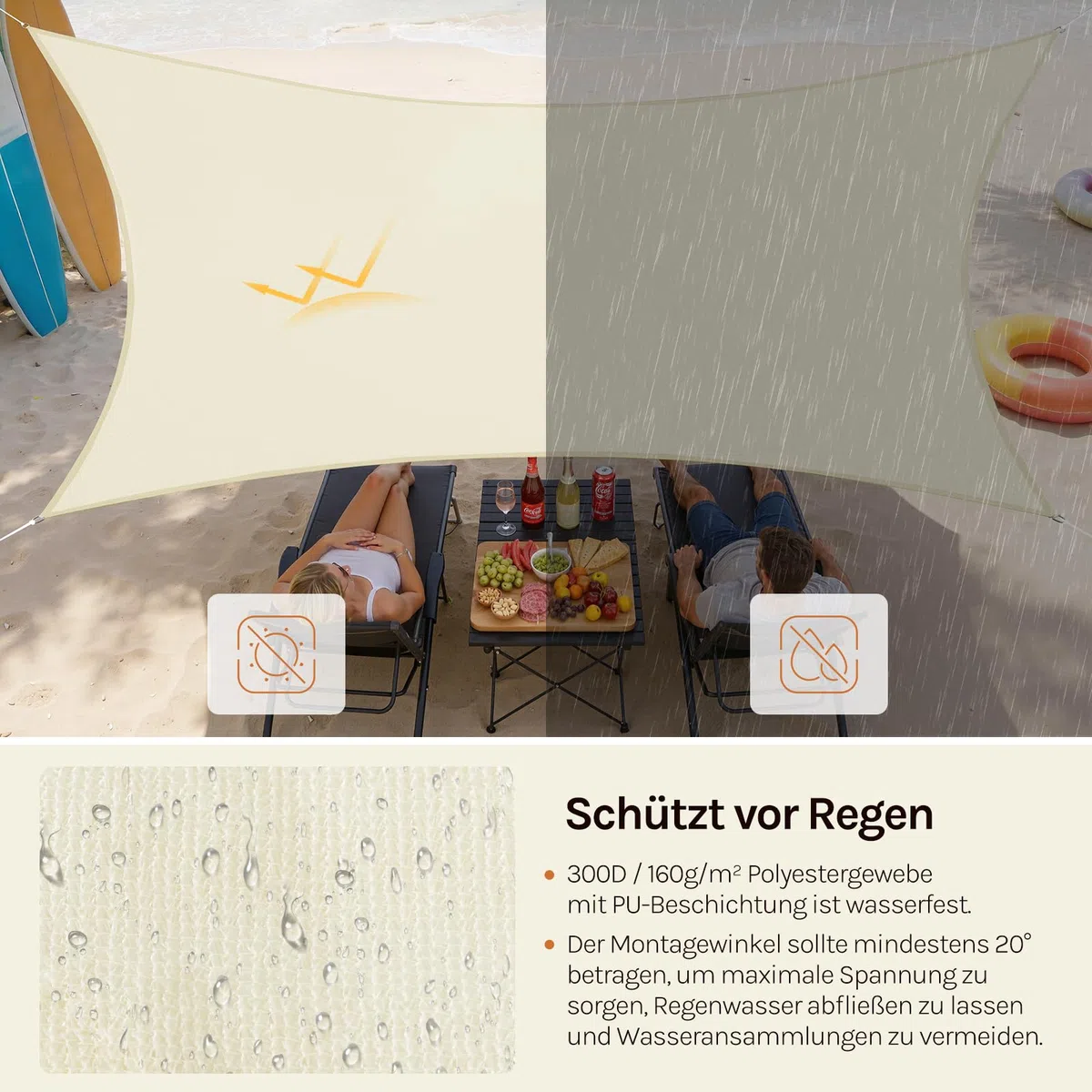 WOLTU Sonnensegel Rechteck 4x6m Creme wasserabweisend Sonnenschutz Polyester Windschutz mit UV Schutz für Garten Terrasse Camping