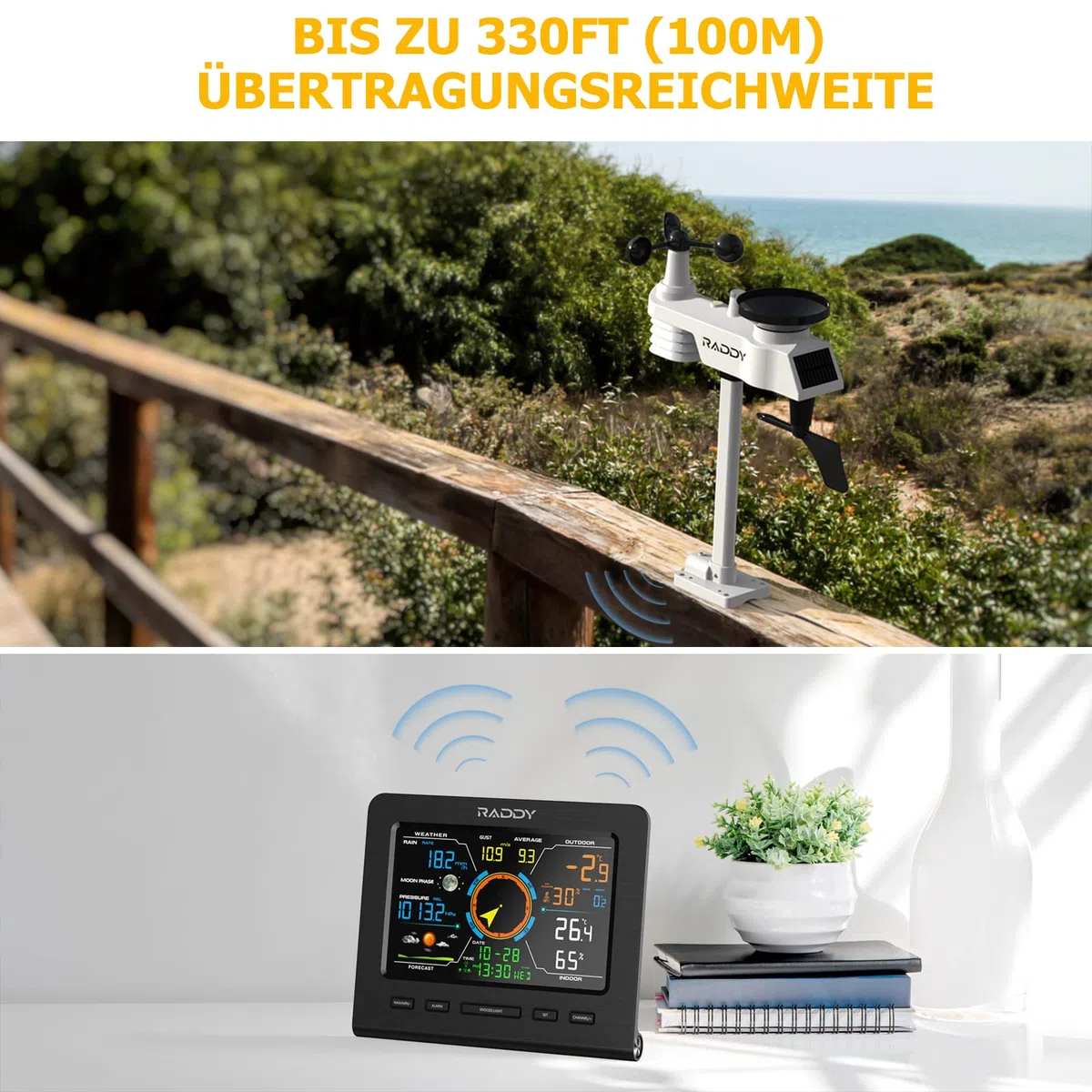 Raddy WF-100C Lite WLAN Wetterstation Funk mit Außensensor, 13-in-1 Profi Wetterstation mit App, Thermometer Innen/Außen, Barometer, Hygrometer, Wind- & Regenmesser, Wettervorhersage für Haus & Garten