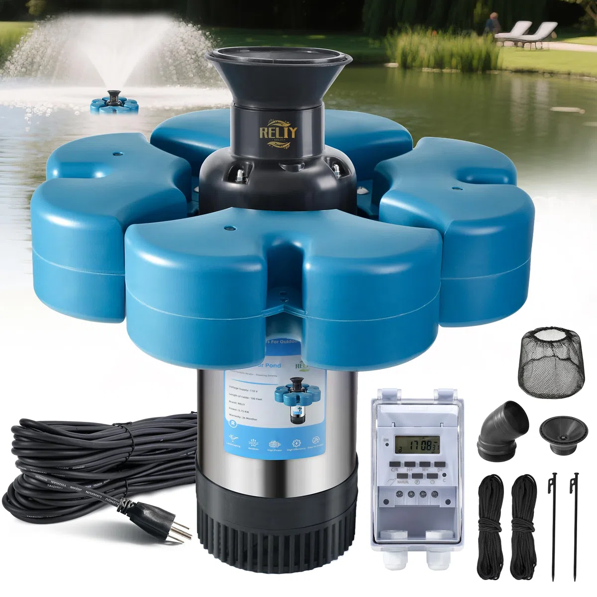RELIY - Teichbelüfter, 1 HP 110 V, 15000 GPH, vollautomatisches schwimmendes Seebrunnen, 100 Fuß Netzkabel, 2 x 100 Fuß Zugseil, Edelstahl