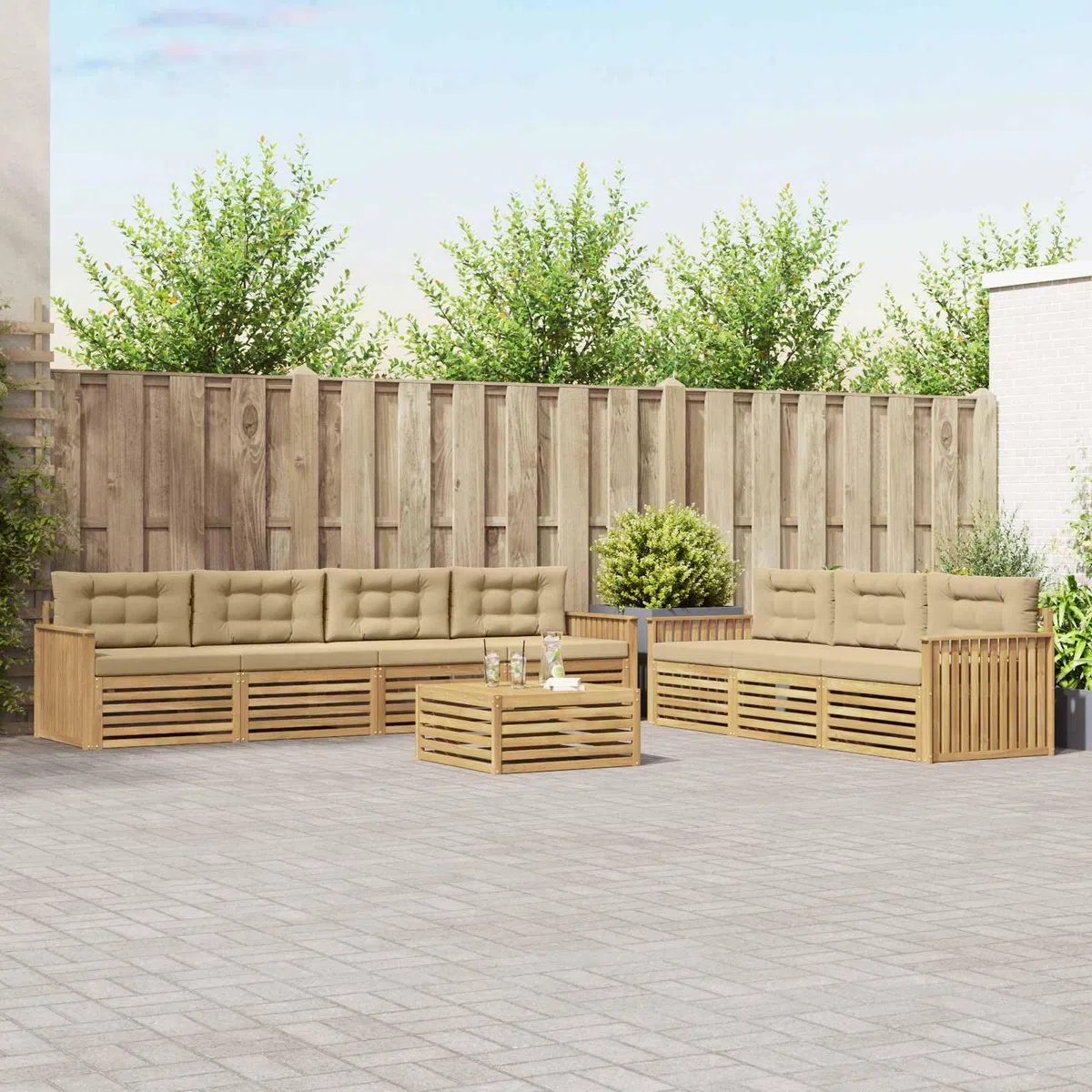 Gartenmöbelset 8-teilig aus massivem Akazienholz wetterfest Moderne Sitzgruppe für Terrasse Balkon Garten Esszimmer Wohnzimmer mit Tisch, Sofas, Stühlen, Kissen, modular, langlebig