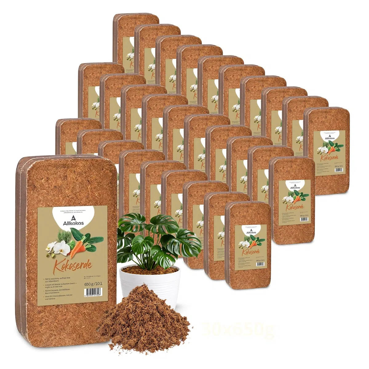 30x650g hochwertige Kokoserde für Pflanzen & Blumen | Block quillt zu 9L Pflanzenerde, torffreies Kokossubstrat, 100% natürliche Kokosfaser Erde mit pH 5,5–6,8