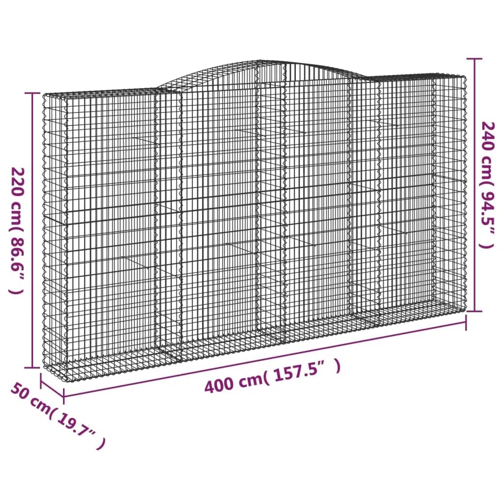 Gabionen mit Hochbogen 2 STK verzinktes Eisen 400x50x220/240 cm Gartendeko, schalldämmende Gartenbarriere, wetterfest für Terrasse Balkon Vorgarten