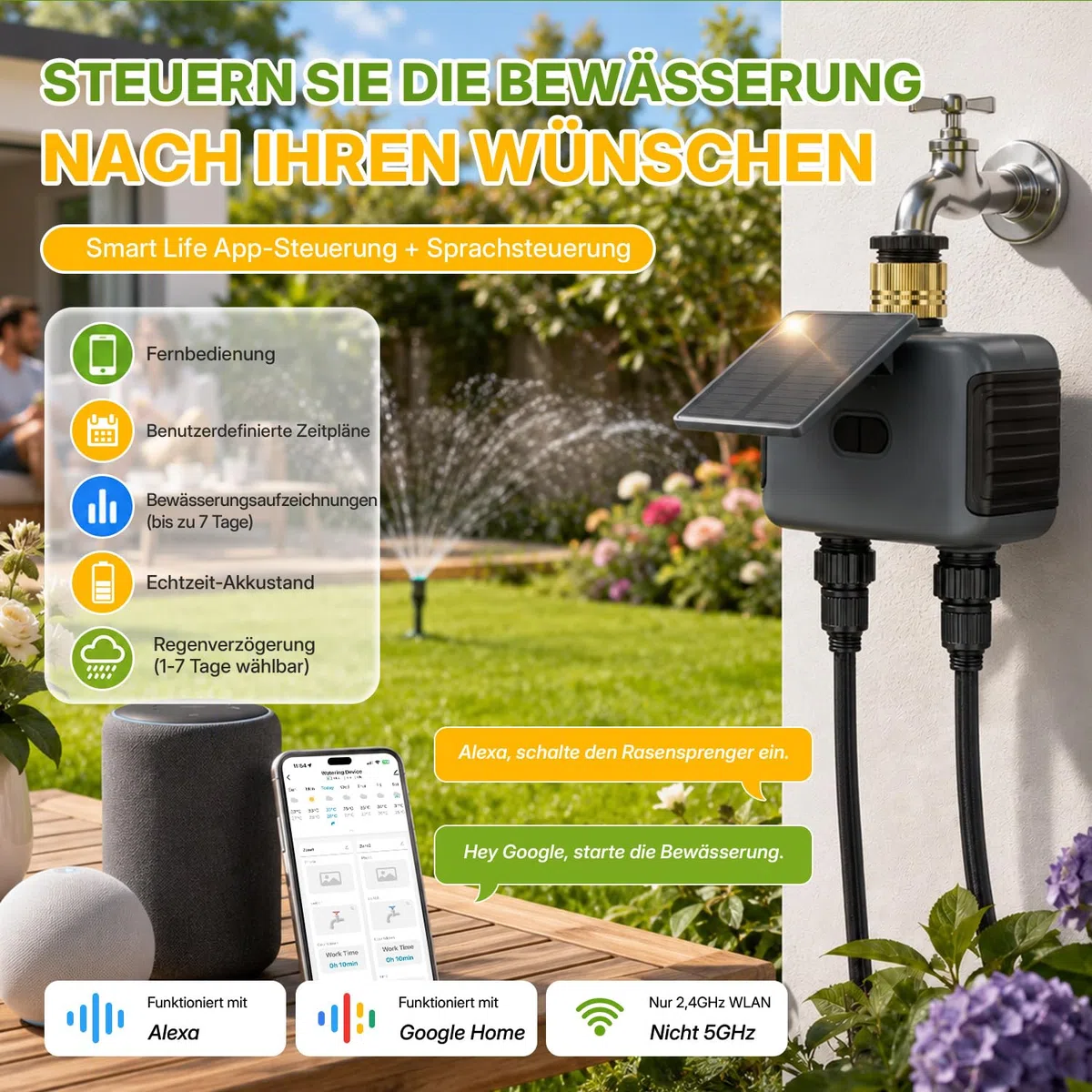 Mcbazel Solares Bewässerungscomputer mit 2 Ausgängen, WLAN-Bewässerungsuhr mit Solar & USB-C-Aufladung, App- & Sprachsteuerung, Regenverzögerung, Automatische/Manuelle Bewässerung, IP55 Wasserdicht