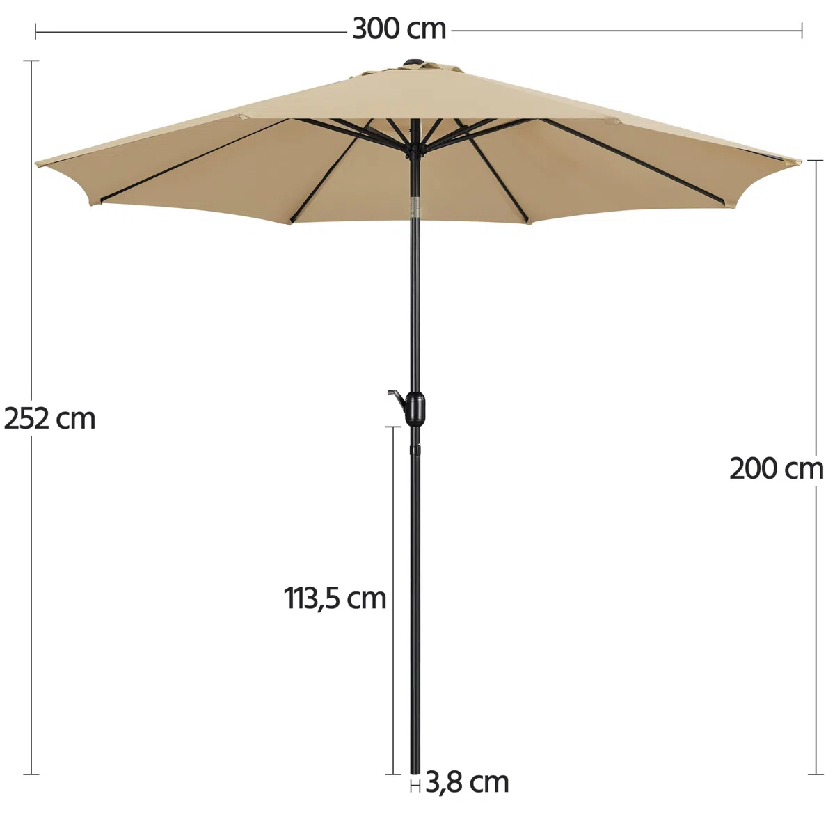 Yaheetech Sonnenschirm Φ 300 cm Kippbar Gartenschirm mit Kurbel Terrassenschirm Marktschirm mit 8 Rippen Sonnenschutz uv 50+ für Balkon/Terrasse/Markt/Garten, Tan