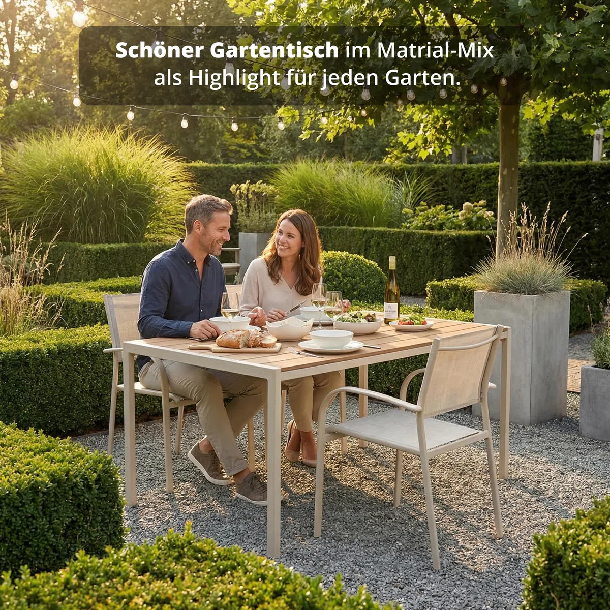 KHG Gartentisch beige, Esstisch Stahl-Gestell und Tischplatte Polywood | in Teak-Optik für 6 Personen, wetterfest UV-beständig, 83x75x140 cm, für Wohnraum und Alltag, praktisch für Zuhause