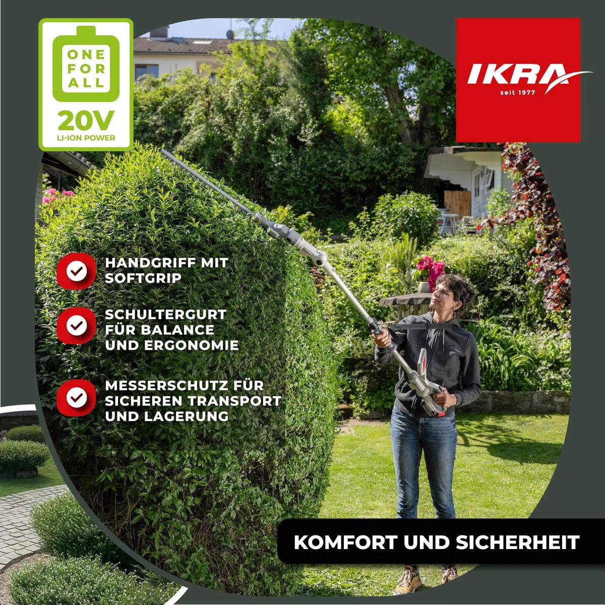 IKRA 2in1 Teleskop Heckenschere ICPH 2050, inkl 2 Akkus & Schnelllader | Einsetzbar für normale Hecken oder mit Teleskopierung für hohe Hecken, inkl. Schultergurt, 20 Volt Akku-Familie von IKRA