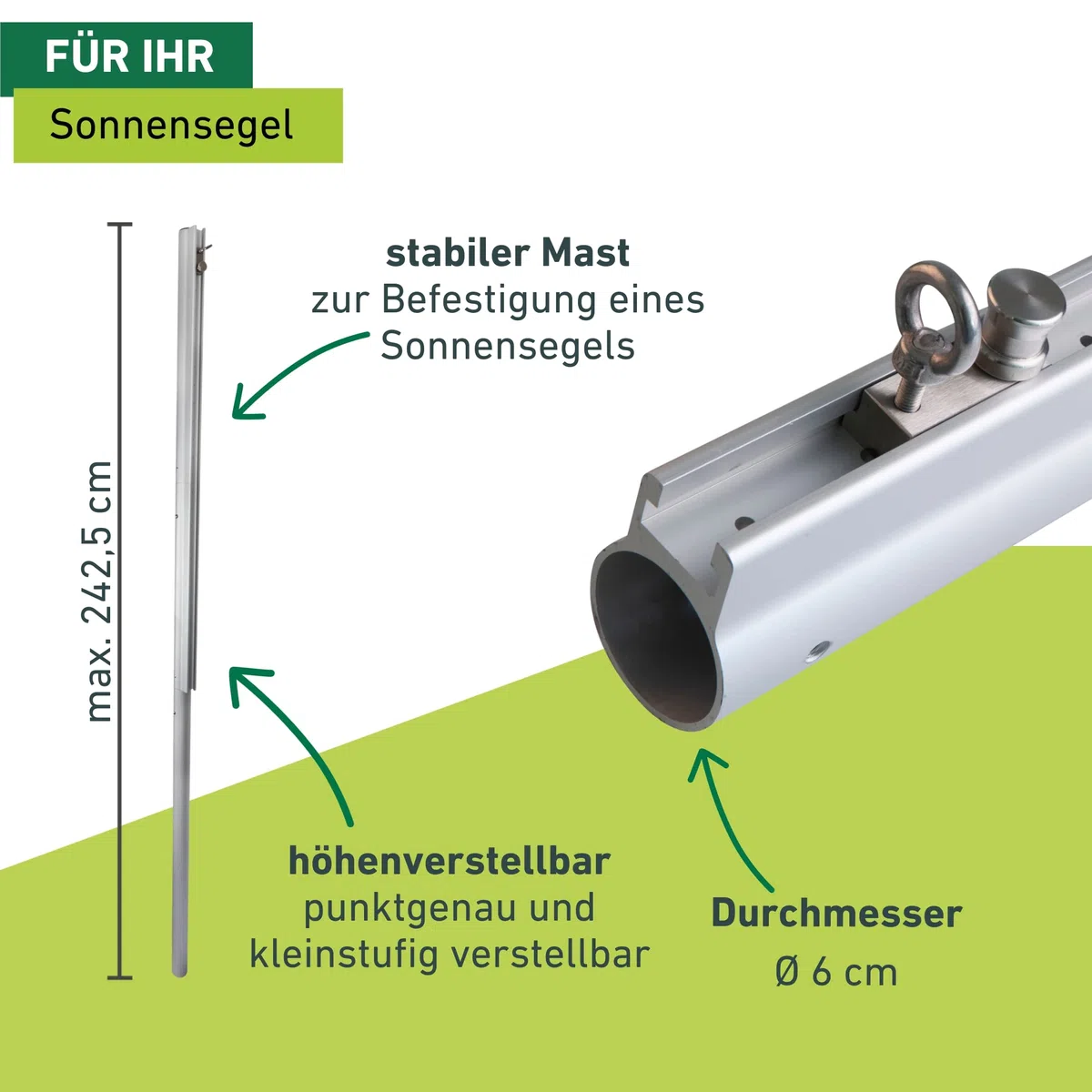 Windhager Mast für Sonnensegel, Masthöhe 242,5 cm, Silber, Aluminium, rostfrei, kleinstufig verstellbar, 10703