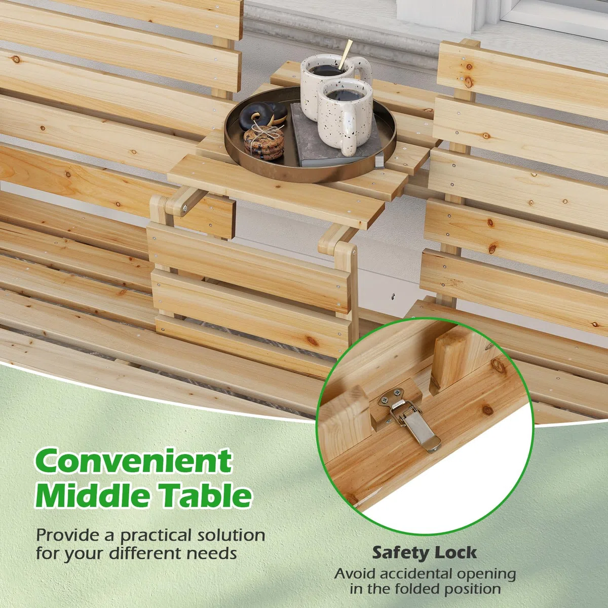 GIANTEX Gartenbank mit Tisch, Massive Holzbank mit klappbarem Mitteltisch, Sitzbank Bank 3 Sitzer, Parkbank ergonomisch mit Rücken- & Armlehnen, Garten Balkonbank Terrassenbank bis 320 kg belastbar