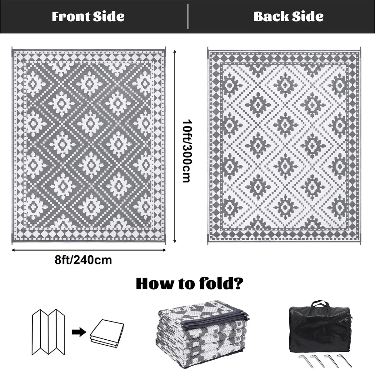Enyhom Groß Außenteppich 240 x 300 cm, Robuster Flachgewebe Kunststoff Picknickdecke, Wendbarer UV-beständige Campingmatte, Wasserdicht Farbecht Balkonteppich für Outdoor RV Camping, Grau