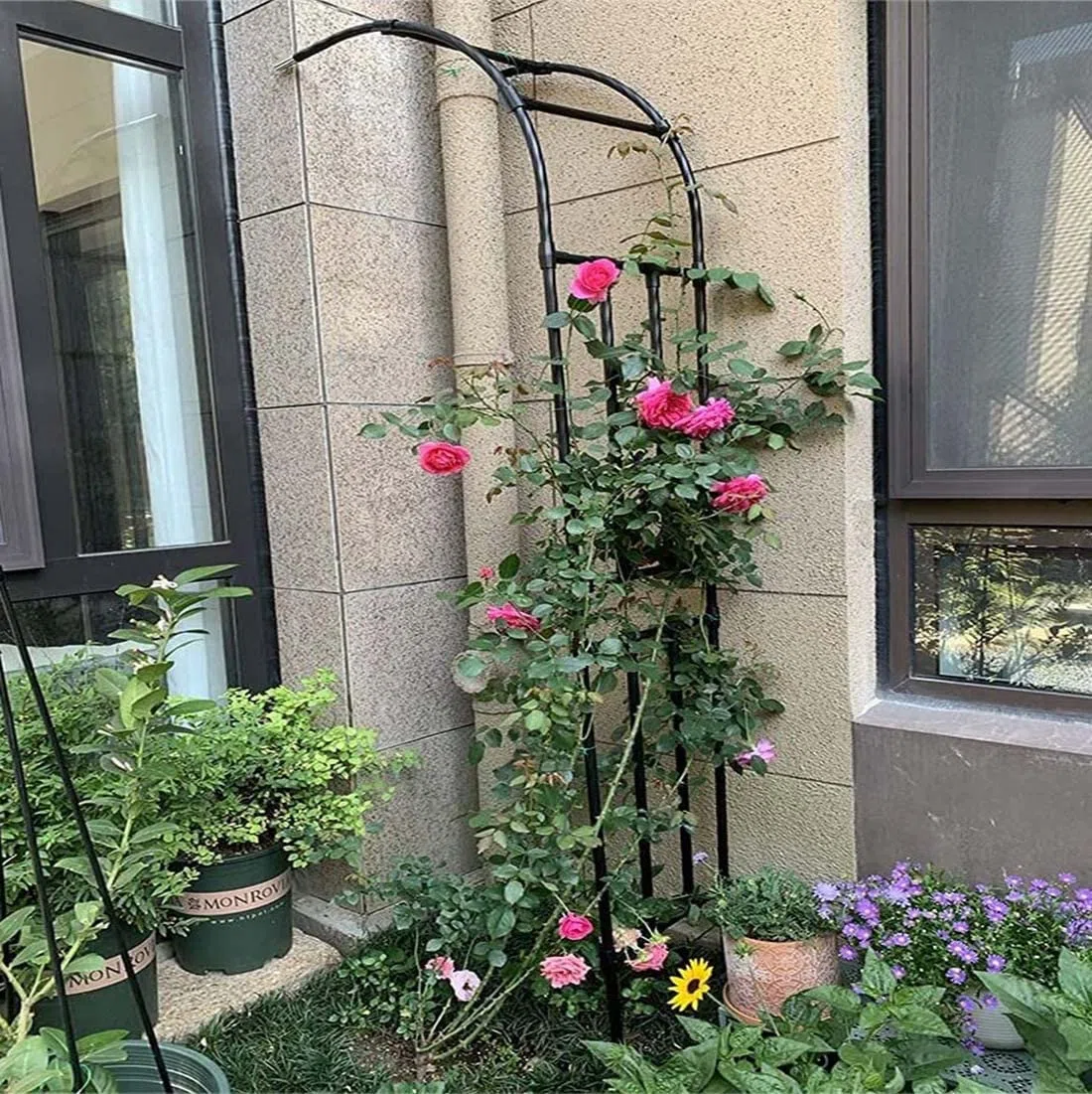 Schwarzer Metall-Gartenbogen, 15 x 20 cm, Rankgitter für Kletterrosen und Reben, halber Bogen, Pflanzenstütze, einfache Montage, langlebige Gartendekoration, ideal für Wege und Wände