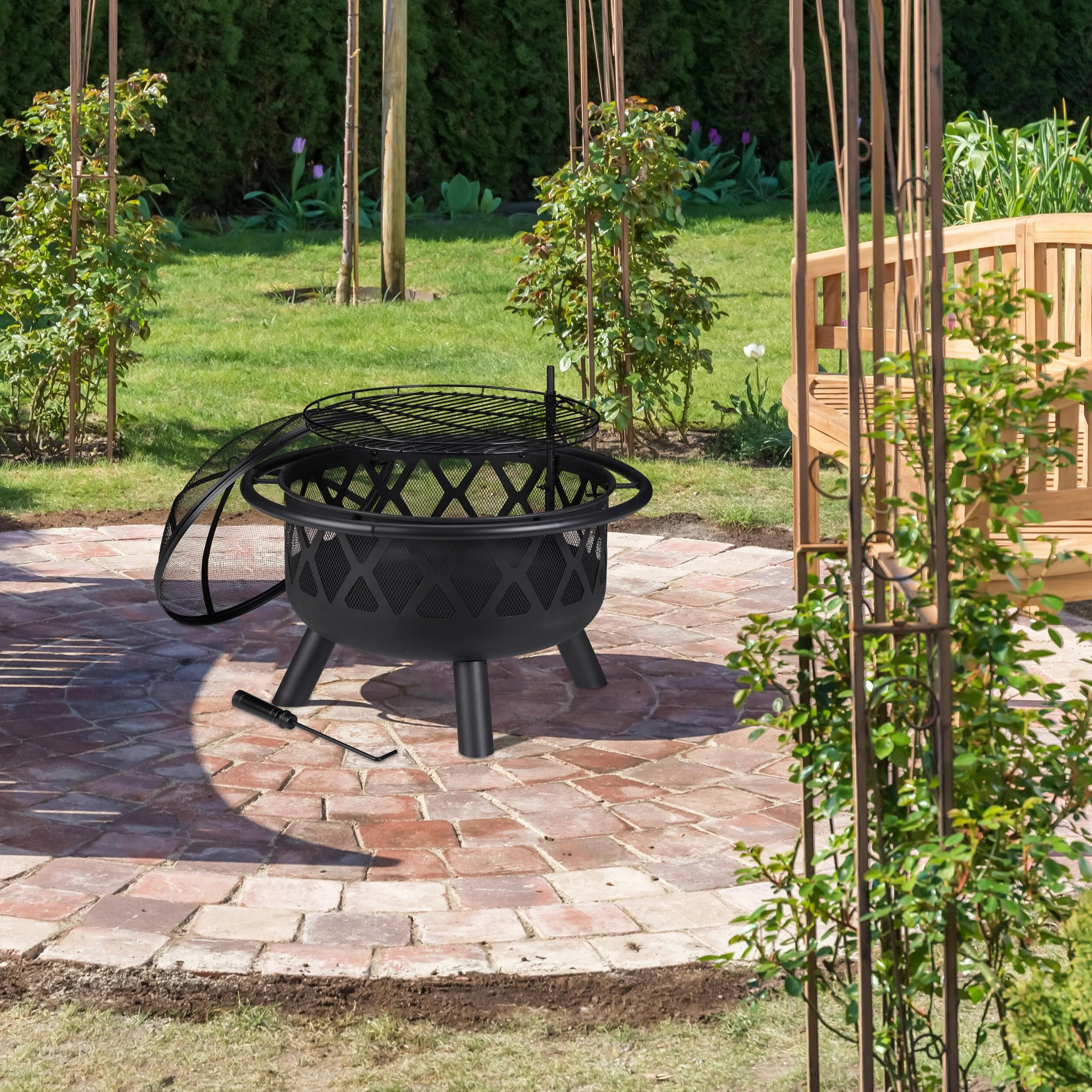 Relaxdays Feuerschale mit Grillrost, Funkenschutz & Schürhaken, Ø 75 cm, Stahl, Feuerstelle Garten & Terrasse, schwarz, 68.5 x 75 x 75 cm