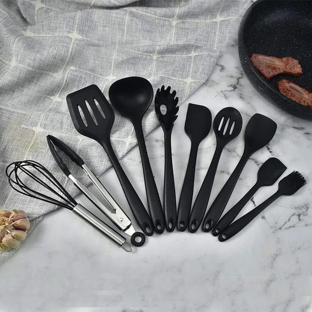 Silikon-Besteckset, Chef Küchenutensilien 10-teiliges Kochutensilien-Set, antihaftbeschichtet, hitzebeständig, BPA-frei, Silikon, Edelstahlgriff, Kochutensilien, Schneebesen(Black)