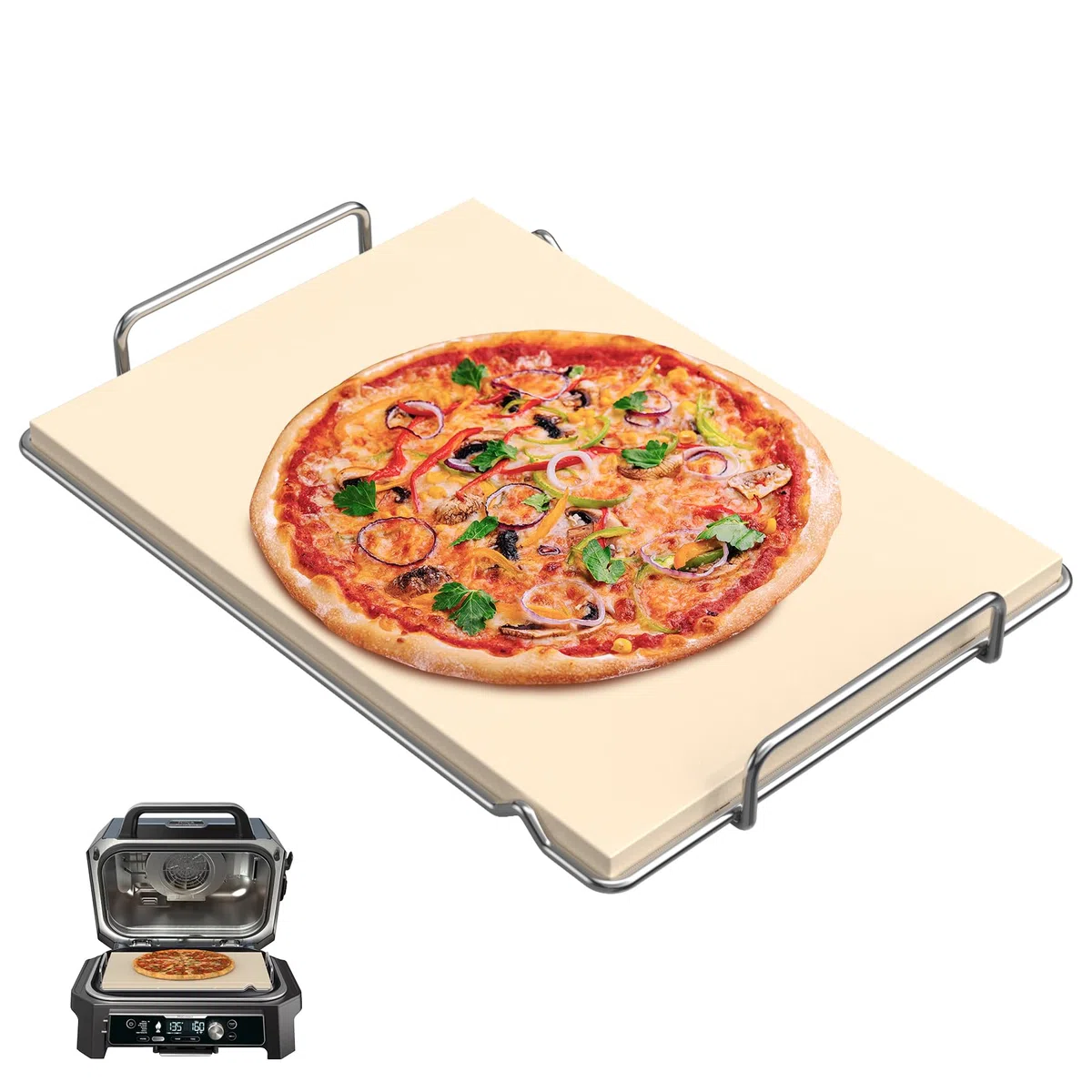 SafBbcue Pizzastein mit Gestell für Ninja Woodfire Grill XL Zubehör OG800 OG900 Serie, Woodfire Pizzaofen-Rechteck Backstein für Ninja OG951 OG850 OG952