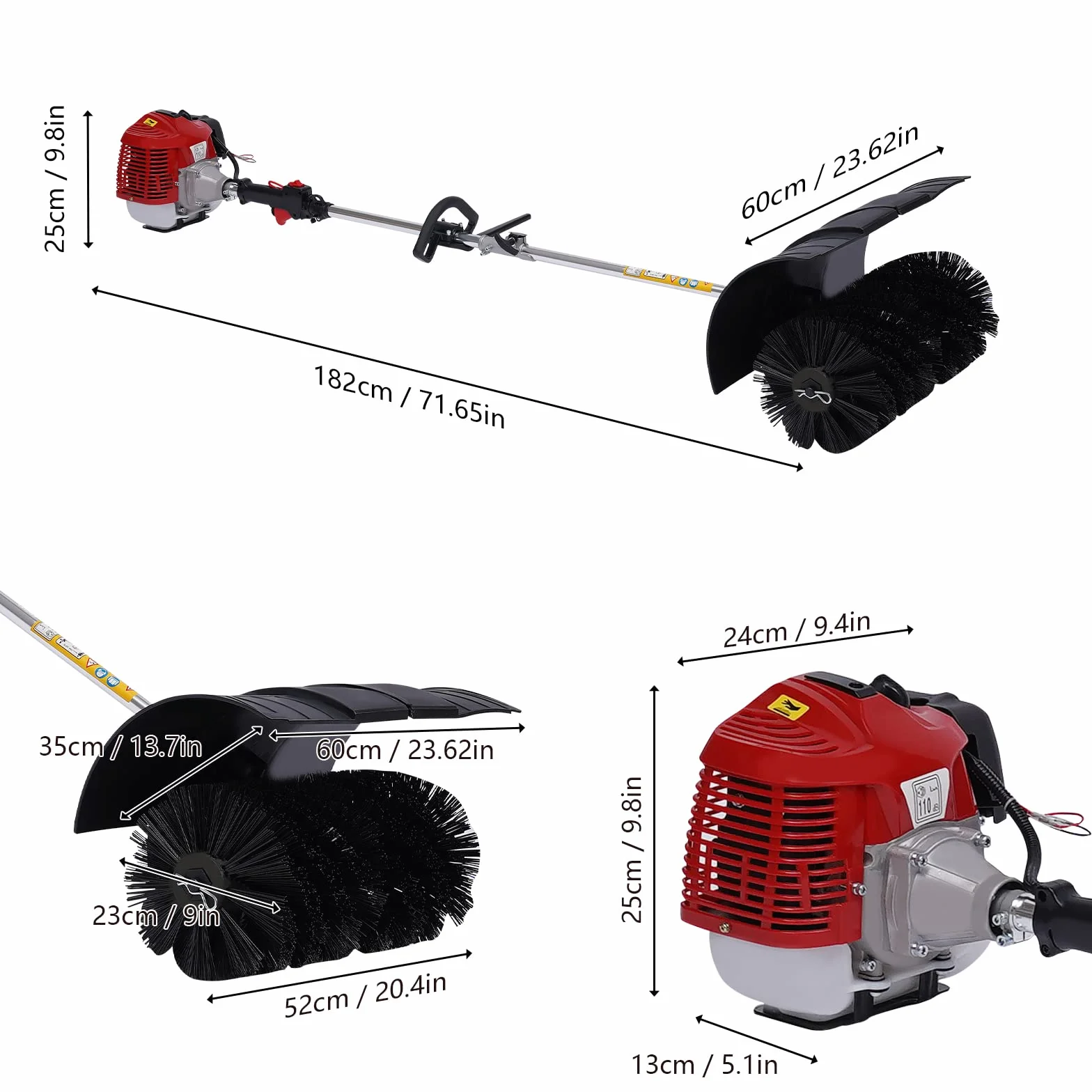 52CC 2 Takt Benzin Kehrmaschine Motorbesen 2,3PS Schneefräse Kehrbesen Besen Klar 60cm Bürstenbreite Schneeschieber