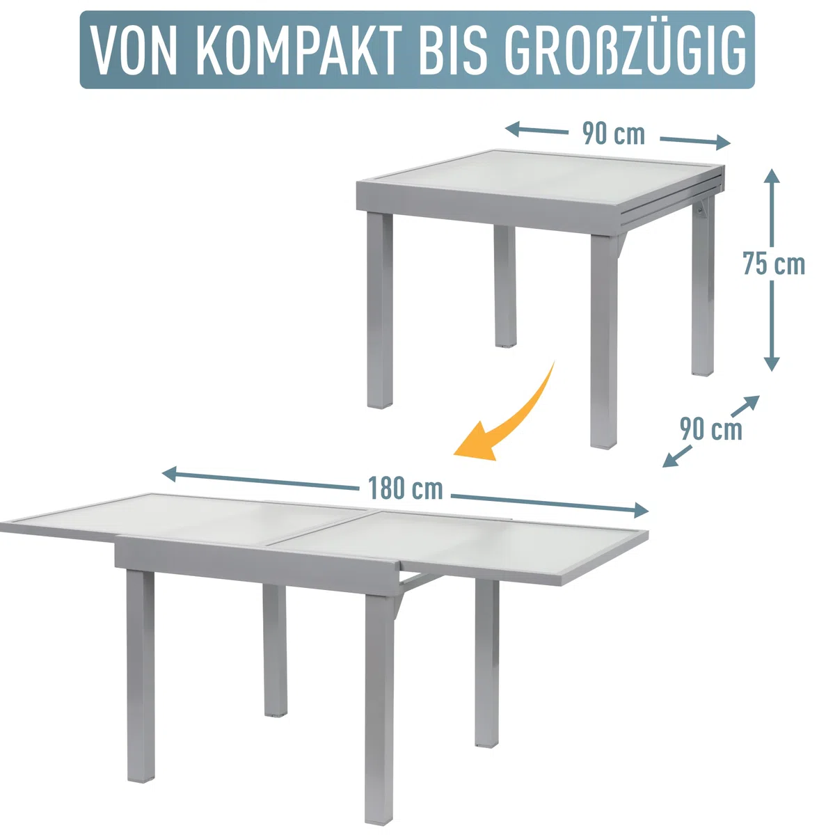 ib style Gartentisch Diplomat, Ausziehbar 90-180 cm, Outdoor, Aluminium Esstisch, Balkonmöbel, Gartenmöbel, Tischplatte aus Sicherheits Glas, Silber