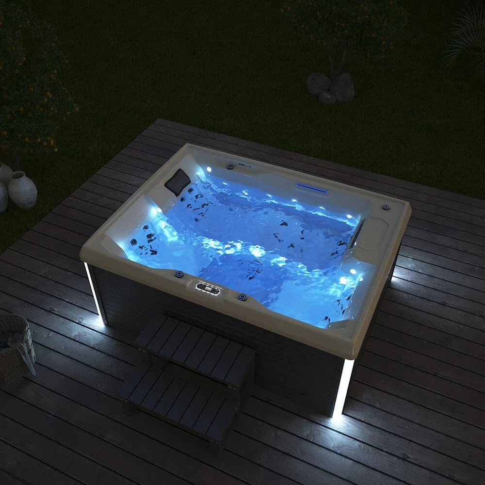 Home Deluxe - Outdoor Whirlpool - Stream Pure - Maße: 211 x 157 x 75 cm - Inkl. Heizung, 24 Massagedüsen und 4 äußeren Lichtquellen I Außen Whirlpool Spa für 3 Personen