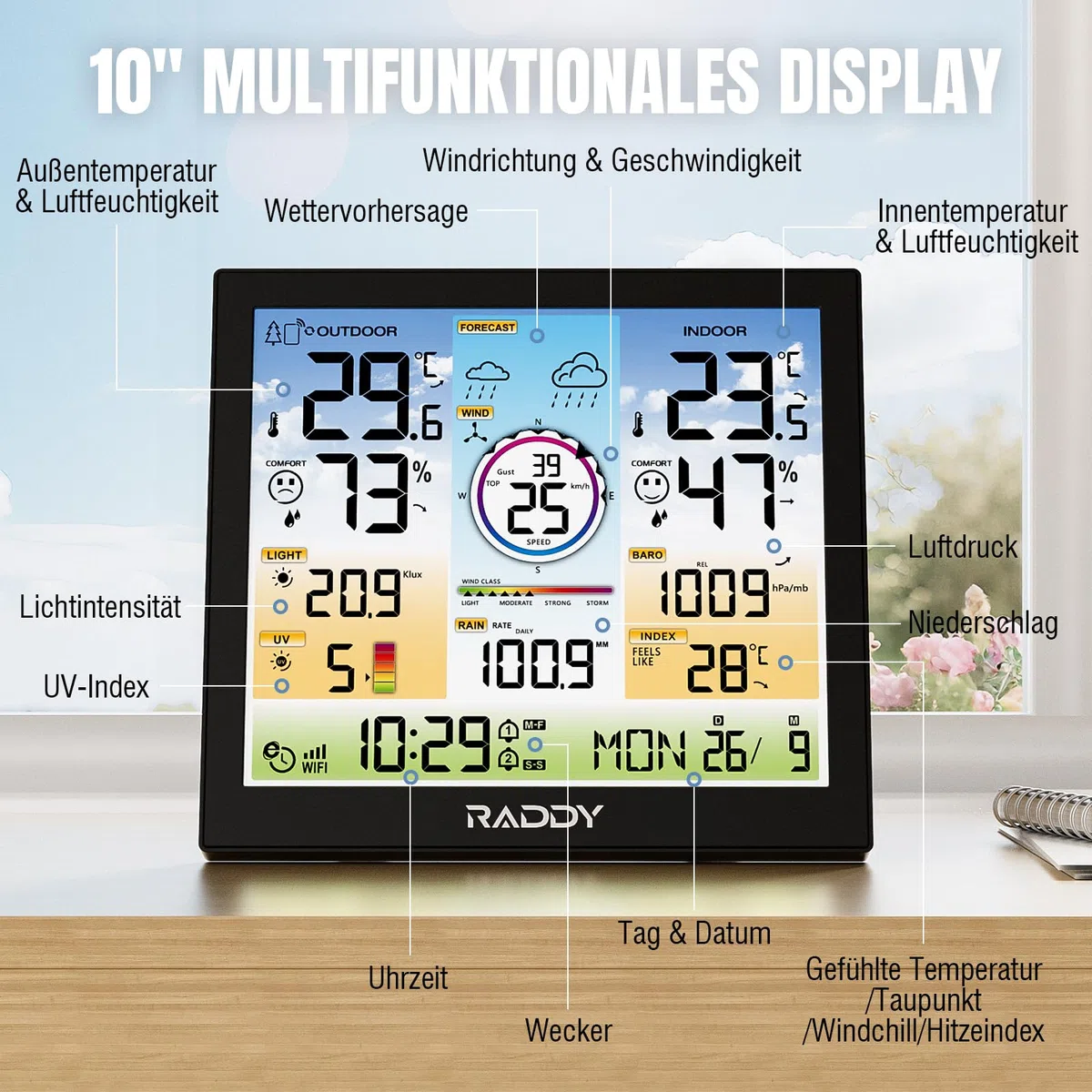 Raddy WF-120C WLAN Wetterstation mit 7-in-1 Außensensor, 10" Farbdisplay, Regenmesser, Windmesser, UV- & Lichtindex, Innen- und Außenthermometer, Wettervorhersage, Luftfeuchtigkeit & Luftdruck
