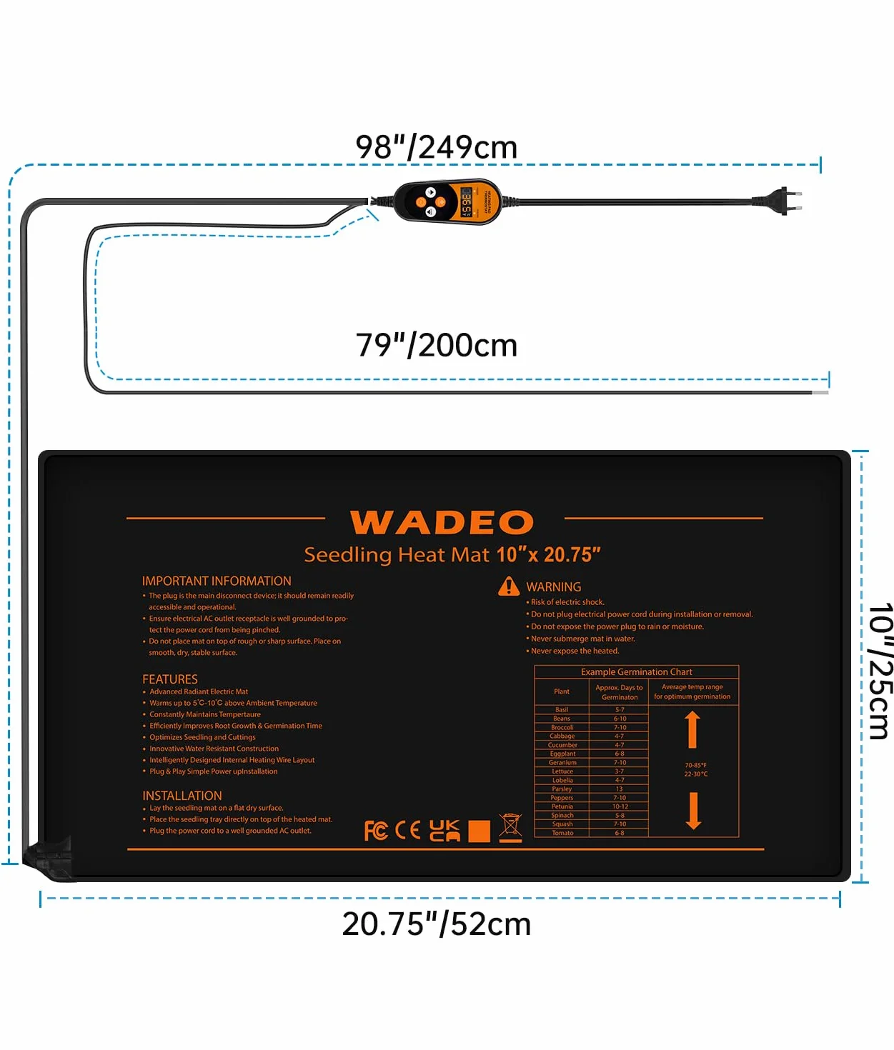 WADEO Heizmatte für Pflanzen 53 x 25 cm, 50 W Sämlinge Heizmatte mit automatische Heizfunktion und Timerfunktion, Nachhaltige Heizleistung, Thermostat einstellbar, für Pflanzen, Keimung, Reptilien