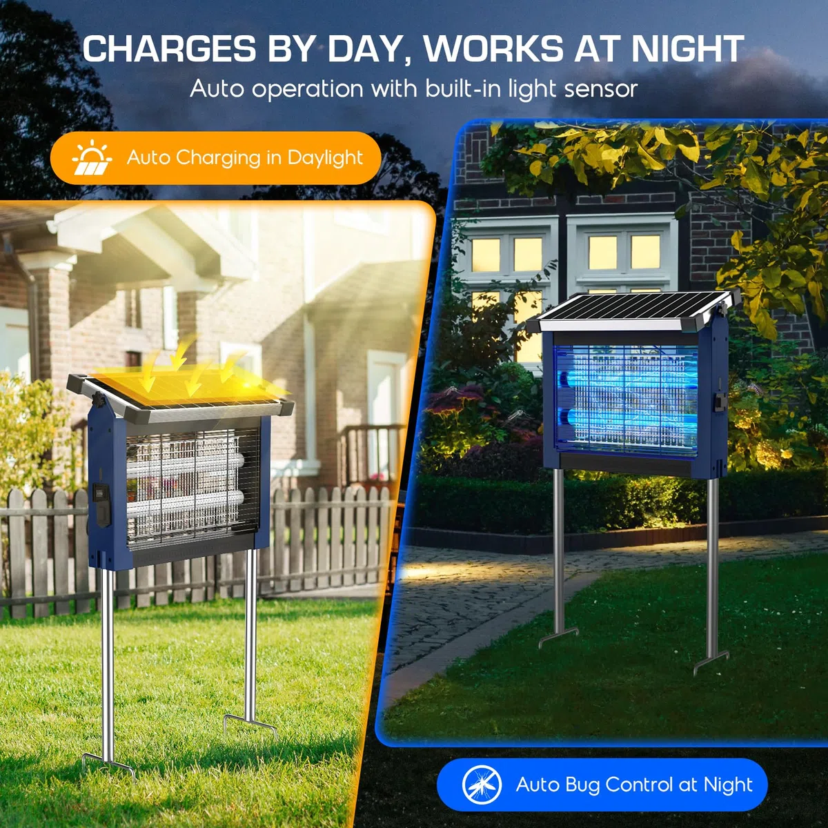 Solar Bug Zapper Outdoor Wasserdicht, 4500V High Power Cordless Mückenzapper mit Smart Light Sensor, Dual Solar & USB Wiederaufladbarer Insektenvernichter für Terrasse, Garten, Hinterhof, Indoor
