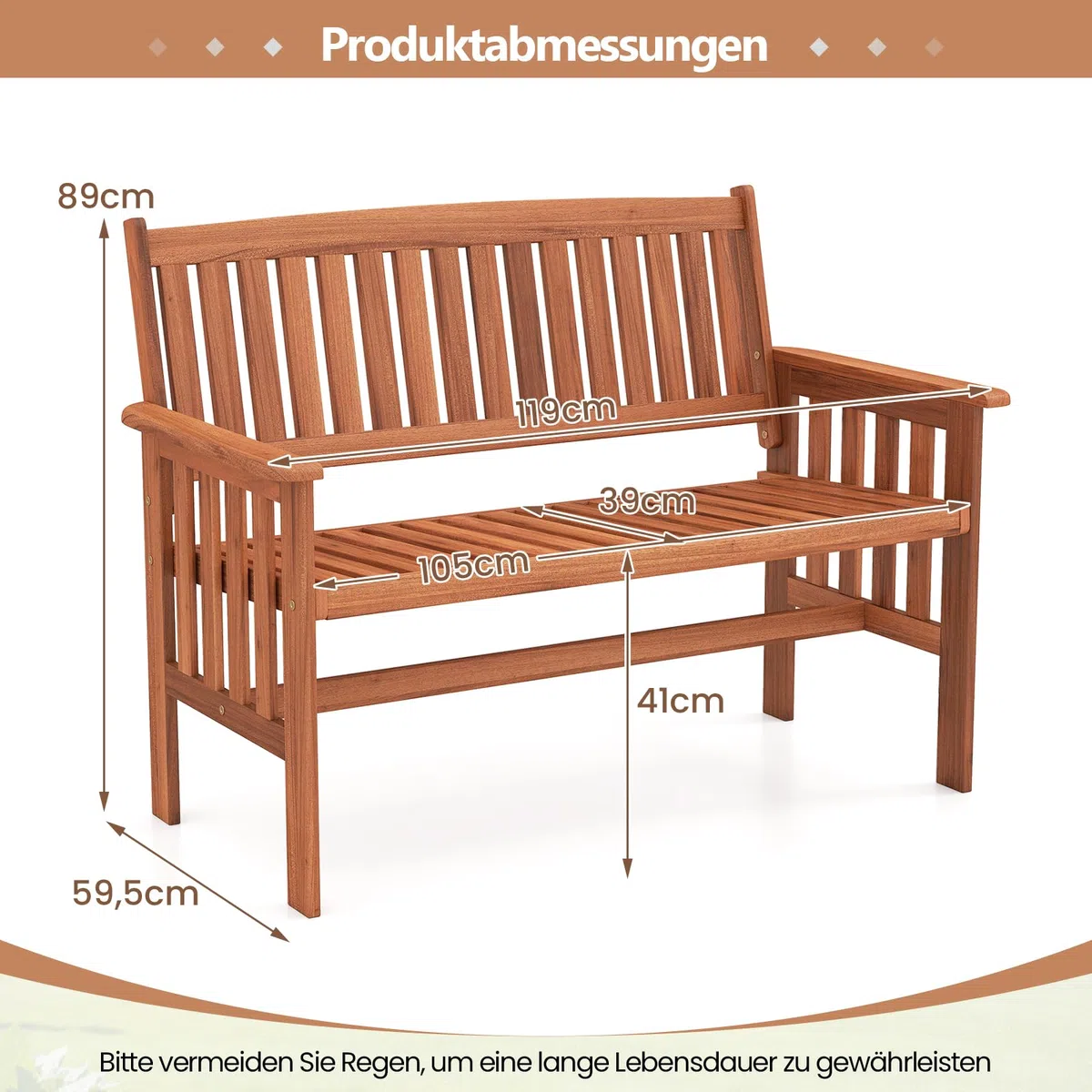 COSTWAY Gartenbank Holz, Holzbank wetterfest, 2-Sitzer Sitzbank, Balkonbank mit Armlehnen, Terrassenbank, Parkbank für Garten, Balkon, Terrasse, 119 x 59,5 x 89 cm