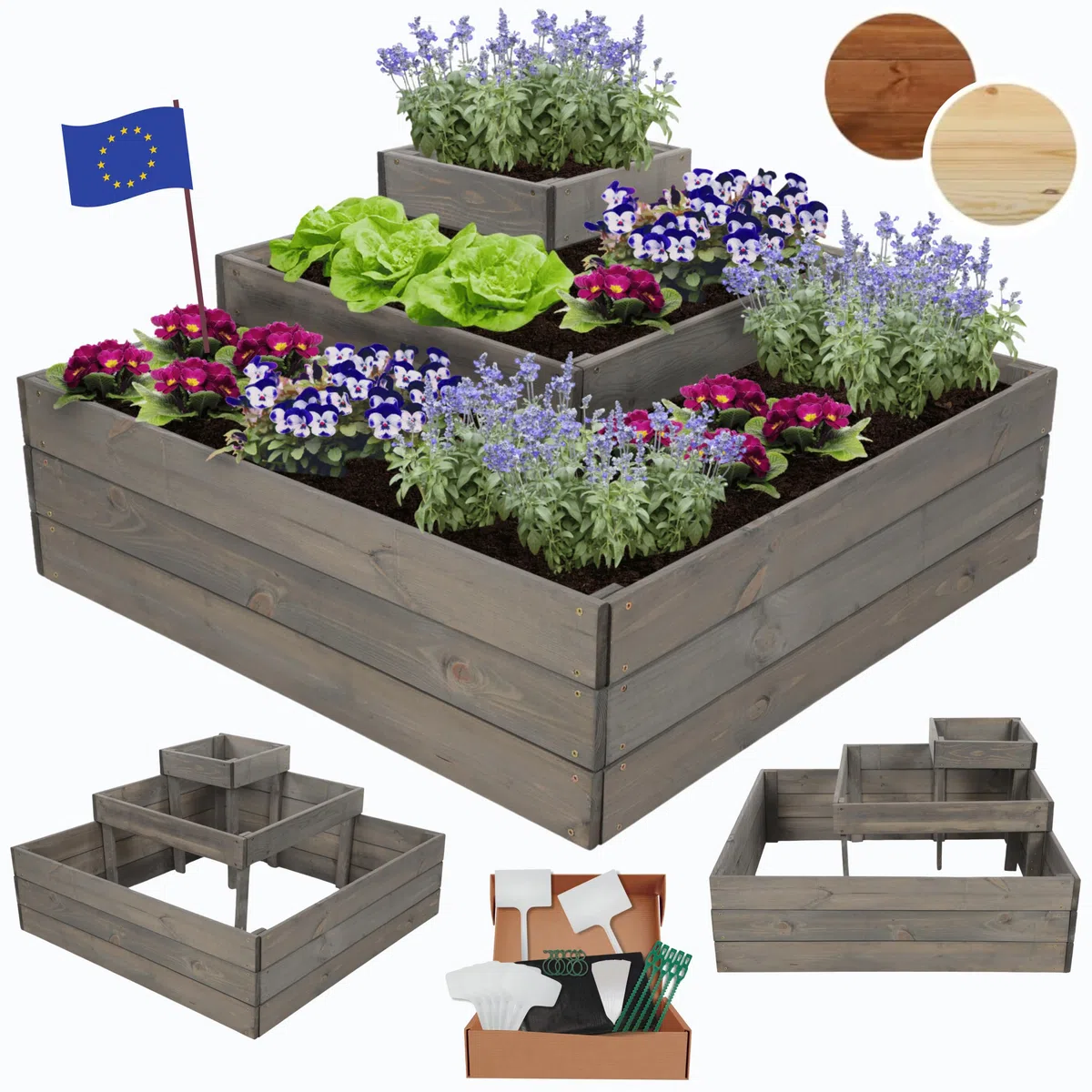 Hochbeet, Kräuterbeet, Gartenbeet, Pflanzbeet, Blumenbeet, Stufenbeet, Holz Stufen Treppe, für Garten und Terrasse, Kiefernholz, Massivholz, Abmessungen 45x92x92 cm, Farbe: Grau