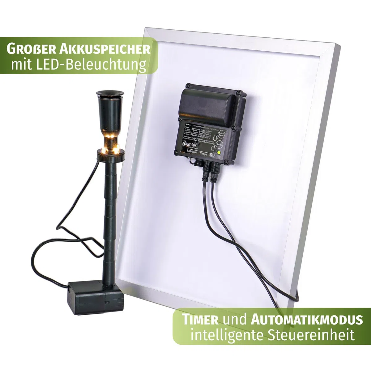 CLGarden Solar Teichpumpe NASP4 mit Akku LED Beleuchtung Pumpe für Gartenteich 500 l/h Solarpumpe 12V