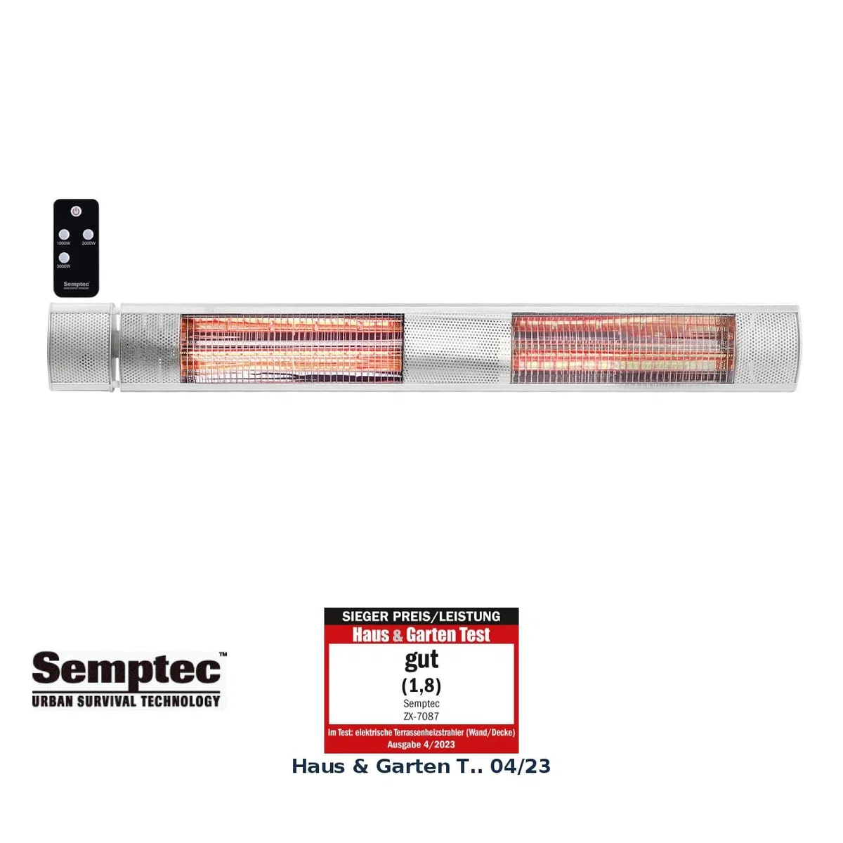 Semptec Urban Survival Technology Terrassenstrahler: IR-Außen-Heizstrahler, Goldröhre, 3.000 W, IP65, Fernbedienung, Silber (Heizstrahler Infrarot, Wand, draußen)