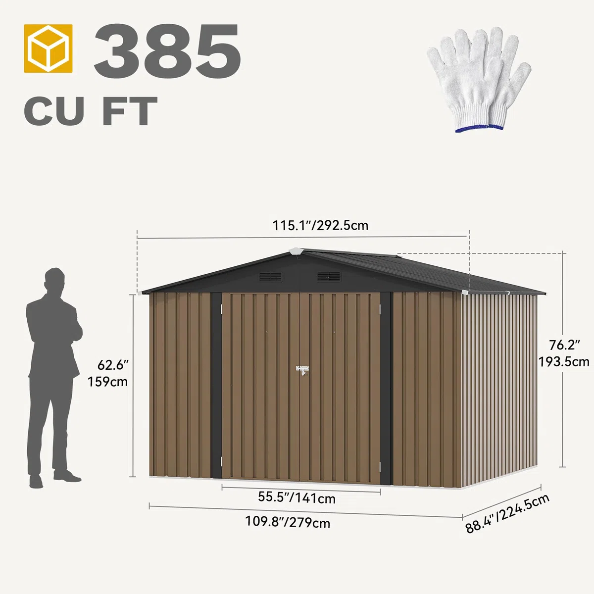 DWVO Großes Metall Gerätehaus 3x2,4 m, Stabiler Werkzeugschuppen für Garten, Terrasse & Hof, Ideal für Fahrräder, Gartengeräte & Rasenmäher, Wetterfest & Abschließbar, Braun
