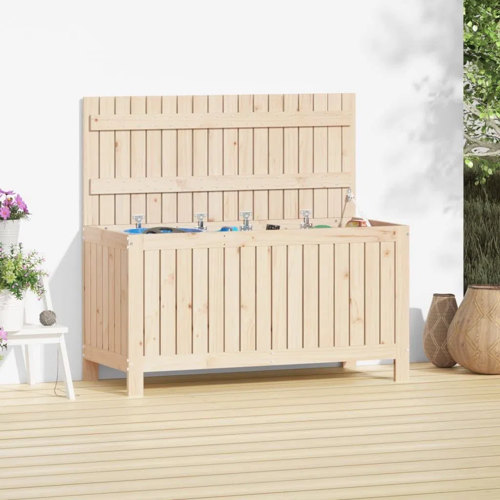 Gartentruhe aus Massivholz Kiefer 115x49x60 cm mit Gasdruckfeder Deckel und Belüftungslatten, Stauraum Box für Garten Geräte und Zubehör, Aufbewahrungslösung