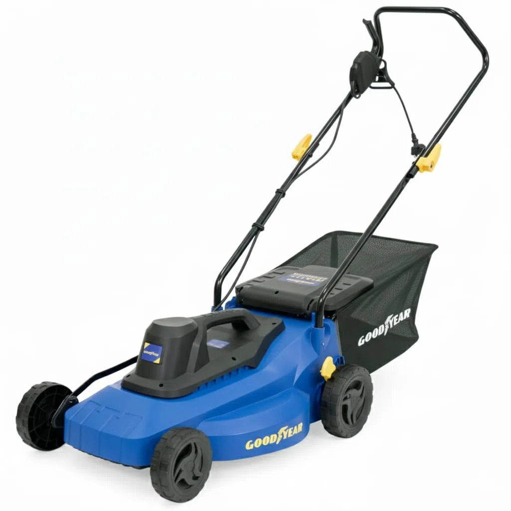 Goodyear – 1800 W elektrischer Rasenmäher. Motor 3200 U/min 210–230 V. Kabelgebundener Rasenmäher mit 40 cm Schnittbreite. 71x48x29cm. Fangsack 35 Liter