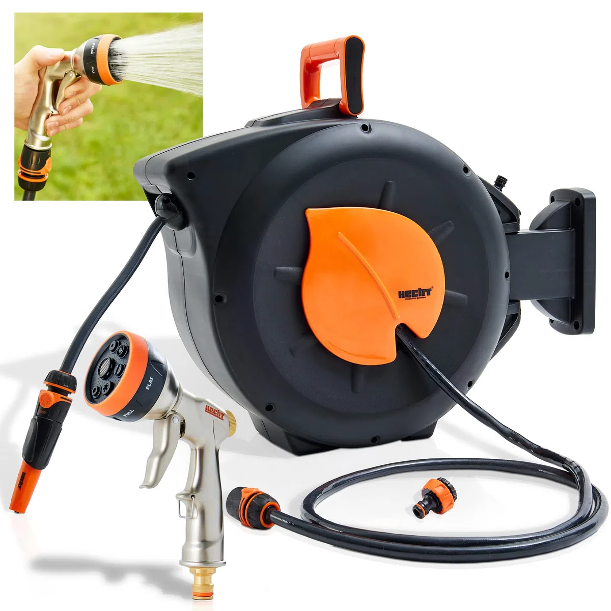 HECHT Automatik Wand-Schlauchtrommel 20+2 m – mit Metall-Gartenbrause | Inkl. Gartenschlauch, Wandhalterung, Schnellkupplung, Gartenspritze & Metall-Gartenbrause – für Gartenbewässerung