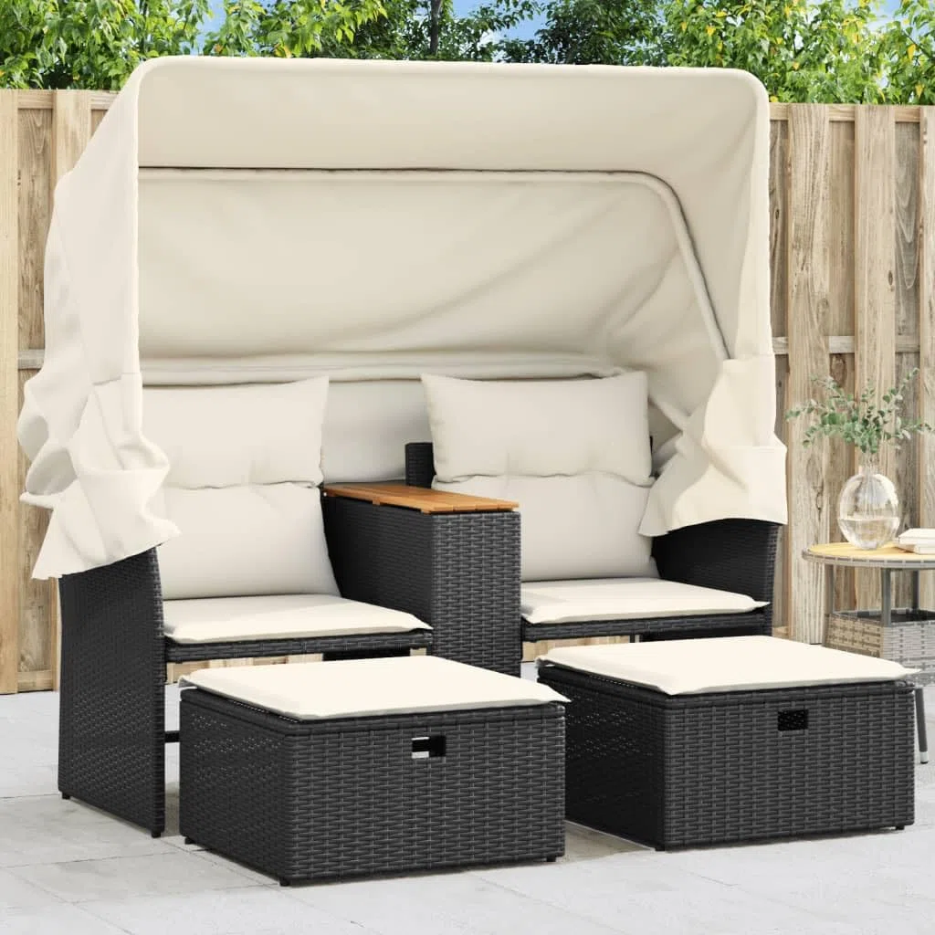 Hommdiy Gartensofa,Gartenlounge Outdoor,Sonnenliege Gartenliege Balkon,Doppelliege 2-Sitzer mit Dach und Hockern Schwarz Poly Rattan