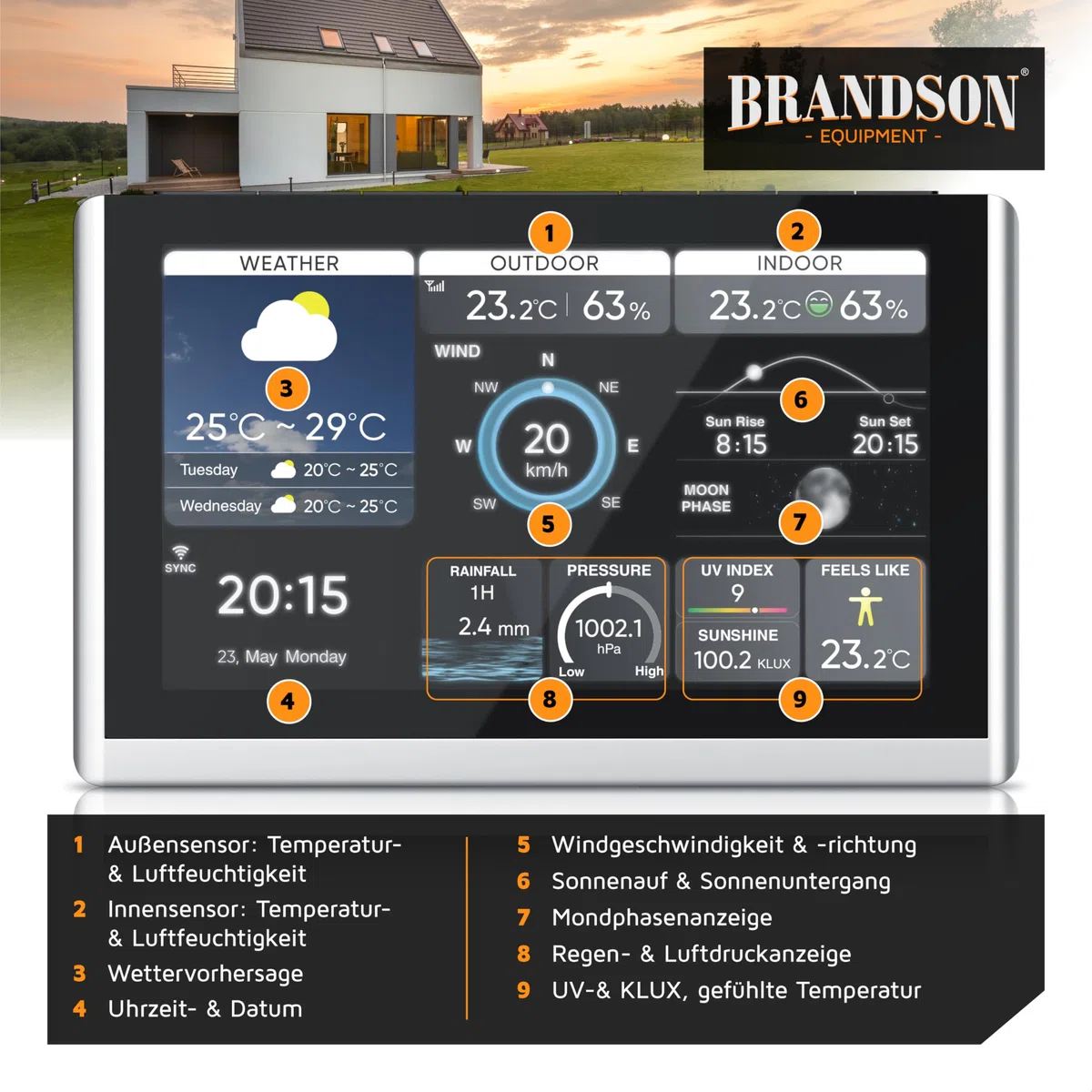 Brandson – Wlan Wetterstation mit TFT Farbdisplay – 7 in 1 Funk Außensensor – mit Tuya Smart App – Trend-Diagramme – Windgeschwindigkeit Windrichtung Regenmesser Temperatur Luftfeuchtigkeit Niederschl