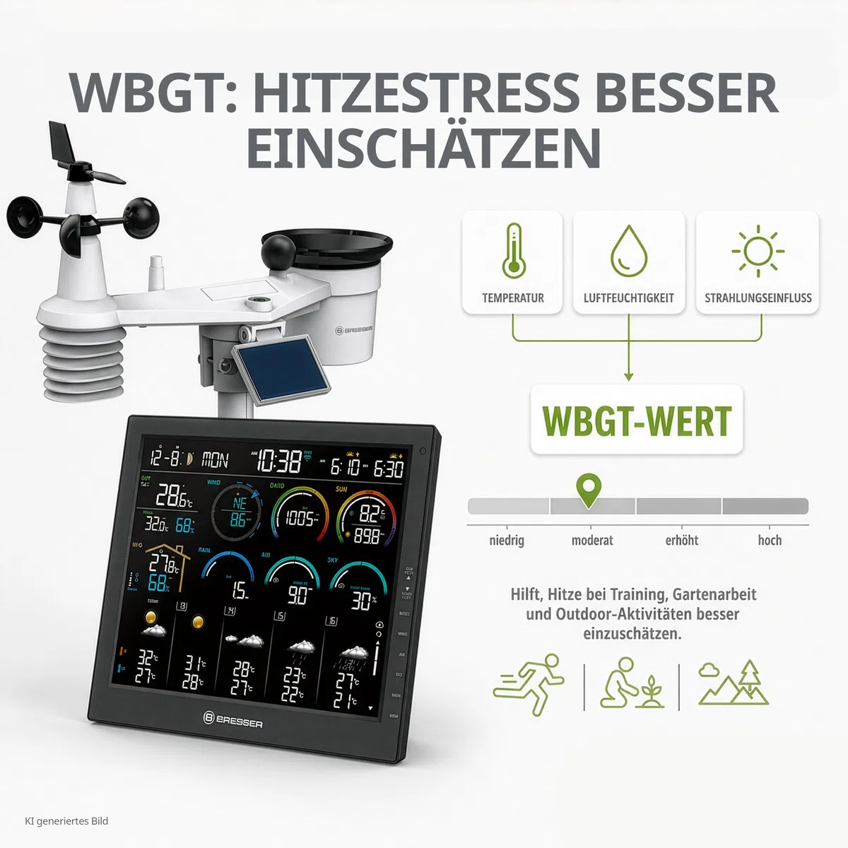 Bresser 4CAST Profi WLAN Wetterstation Funk mit 8 in 1 Außensensor | Innentemperatur und Außentemperatur, Luftfeuchtigkeit, Regenmesser, Windmesser, 14 Tage Wettervorhersage, App, WBGT