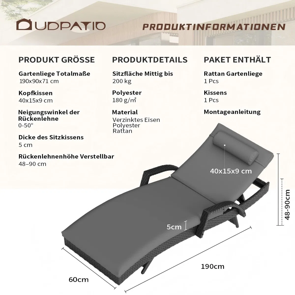 UDPATIO Polyrattan Sonnenliege, 5-Fach Verstellbarer Rückenlehne Gartenliege, Wetterfest Rattanliege mit Polsterauflage & Kopfkissen für Garten, Balkon und Terrasse - Schwarz & Grau Bezüge