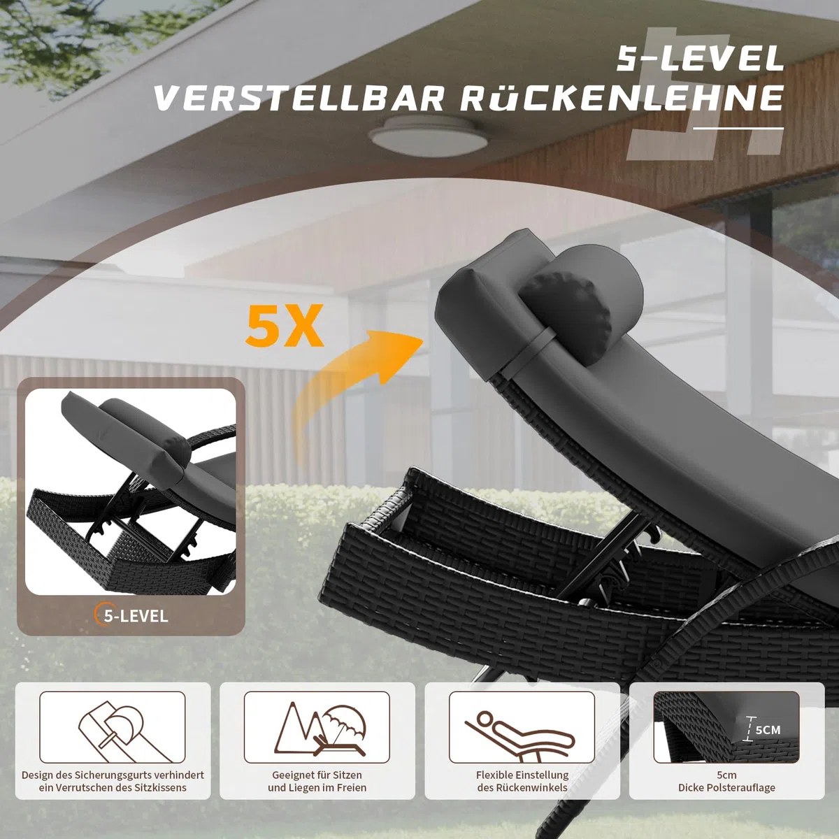 UDPATIO Polyrattan Sonnenliege, 5-Fach Verstellbarer Rückenlehne Gartenliege, Wetterfest Rattanliege mit Polsterauflage & Kopfkissen für Garten, Balkon und Terrasse - Schwarz & Grau Bezüge