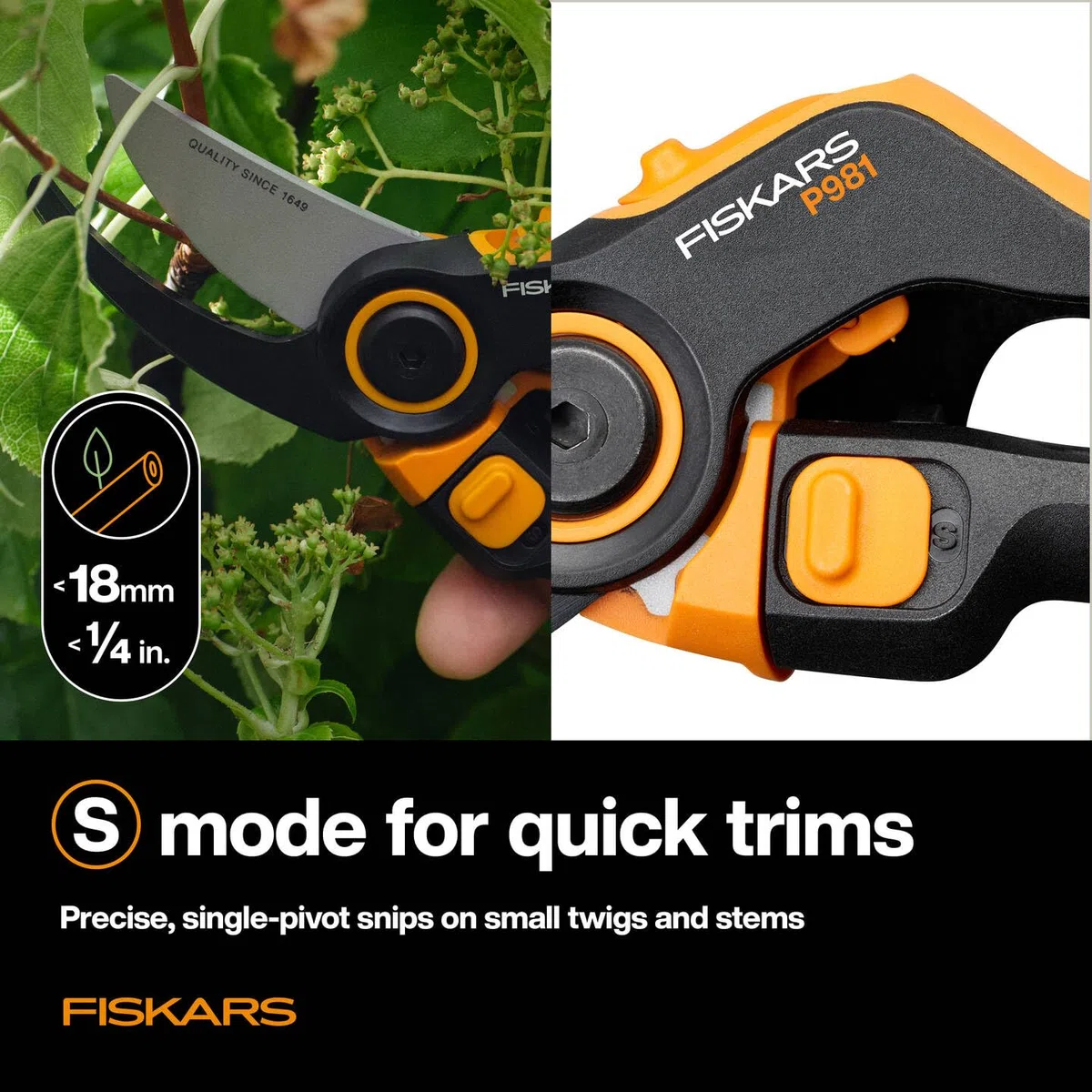 Fiskars X-series DualAction Gartenschere Bypass P981, 2-in-1-Modus für dünne und dicke Äste, Ergonomischer Rollgriff, Antihaftbeschichtete Stahlklingen/FiberComp-Griffe, Schwarz/Orange, 1080132