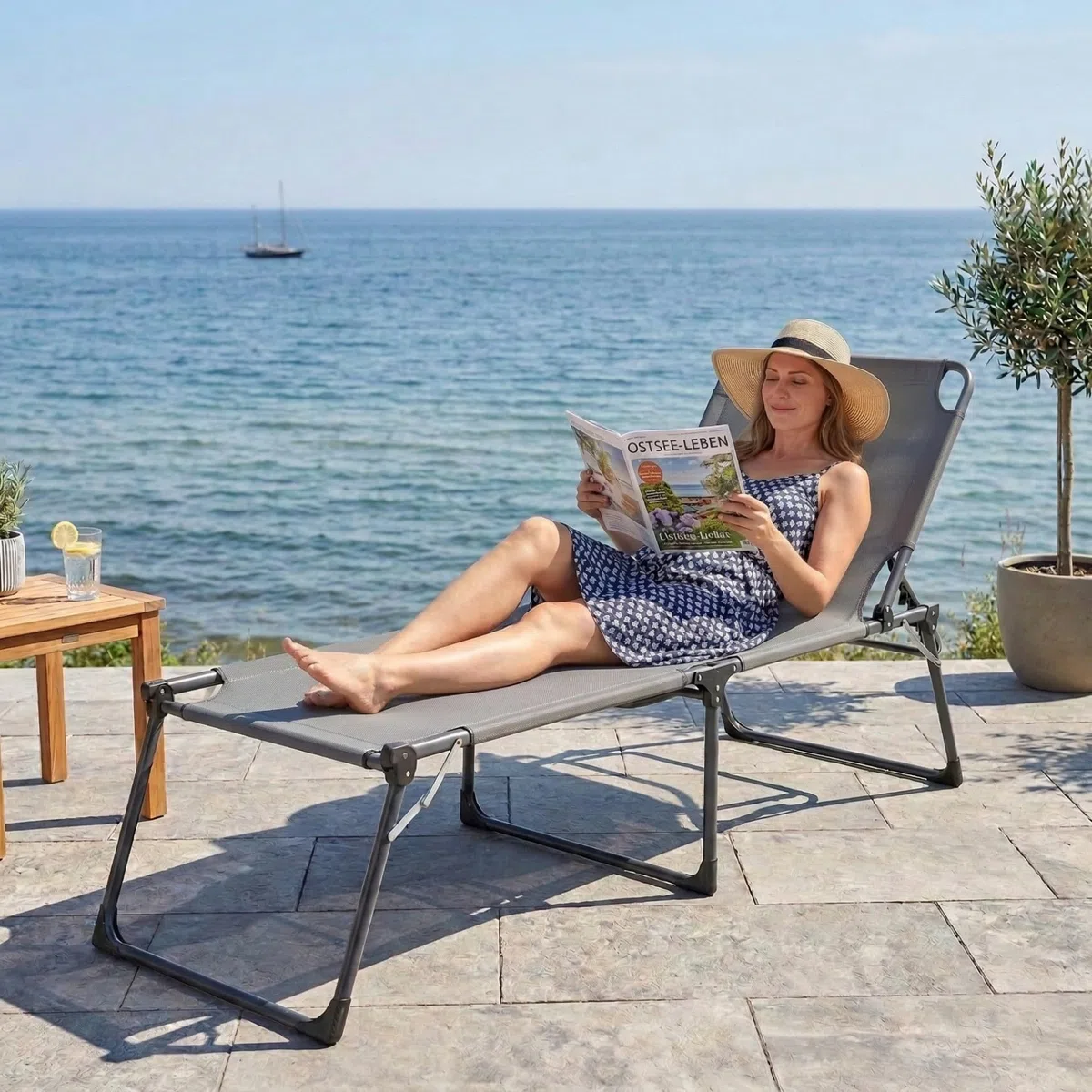 hausratplus Sonnenliege XXL Dreibeinliege Soft Touch 3D gepolstert | Abmessungen: 215 x 70 x 50/90 cm (L x B x H) 130 kg Tragkraft | 4-Fach verstellbares Kopfteil | zusammenklappbar anthrazit/grau