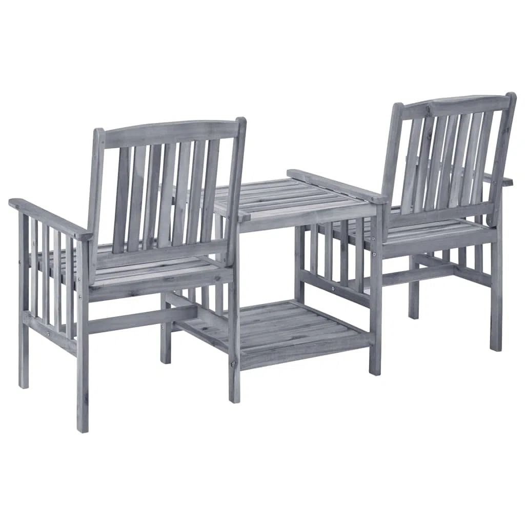 Gartenstühle mit Teetisch und Kissen, 2-Sitzer Gartenbank mit Integriertem Tisch, Holz-Bistro-Set aus Akazie Massivholz für Garten Terrasse Balkon, Grau, 159x61x92 cm