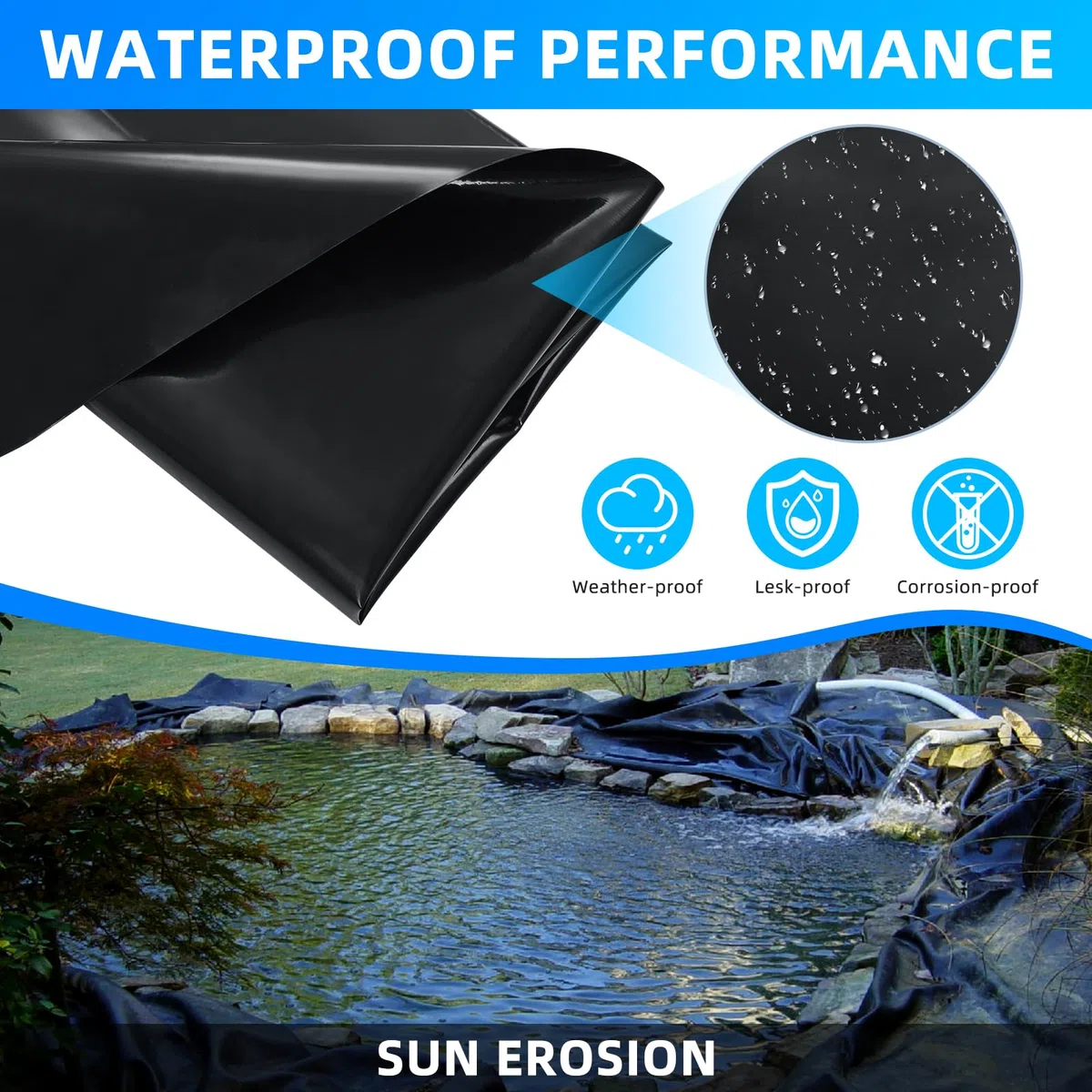 Teichfolie 6x6m, Teichwanne Stärke 0,5mm, Schwarz HDPE Teichfolien Schwerlast, Dichtungsfolie Teichmembran Schwimmteich Folie für Fischteiche/Brunnen/Wassergarten/Wasserfall/Teichbecken/Gartenteich