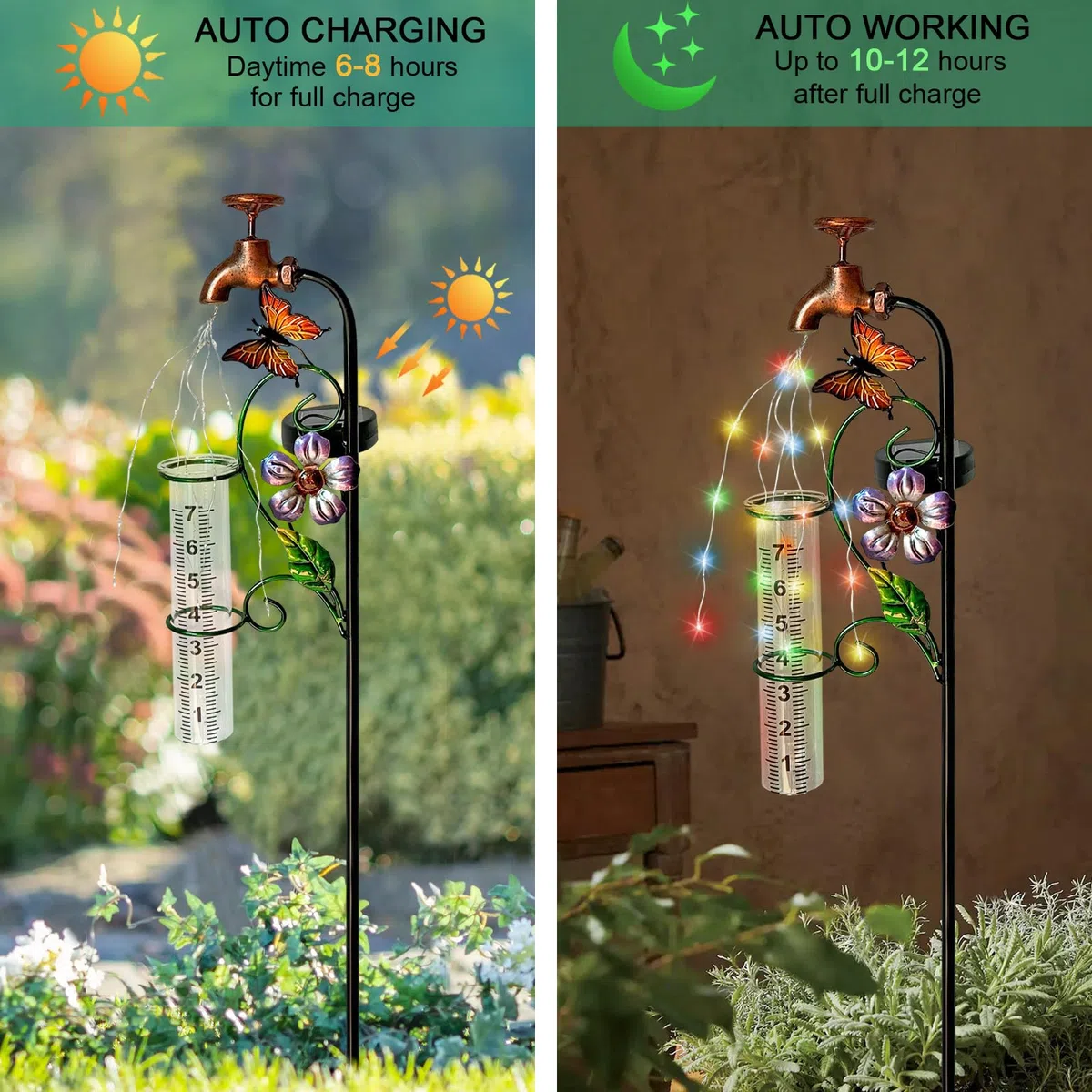 Glas-Regenmesser für den Außenbereich, Solarleuchten, Wasserhahnpfahl mit Regenmessern, fließendes Wasser, LED-Lichter, Pfahl für draußen, Hofkunst, Gartendekoration