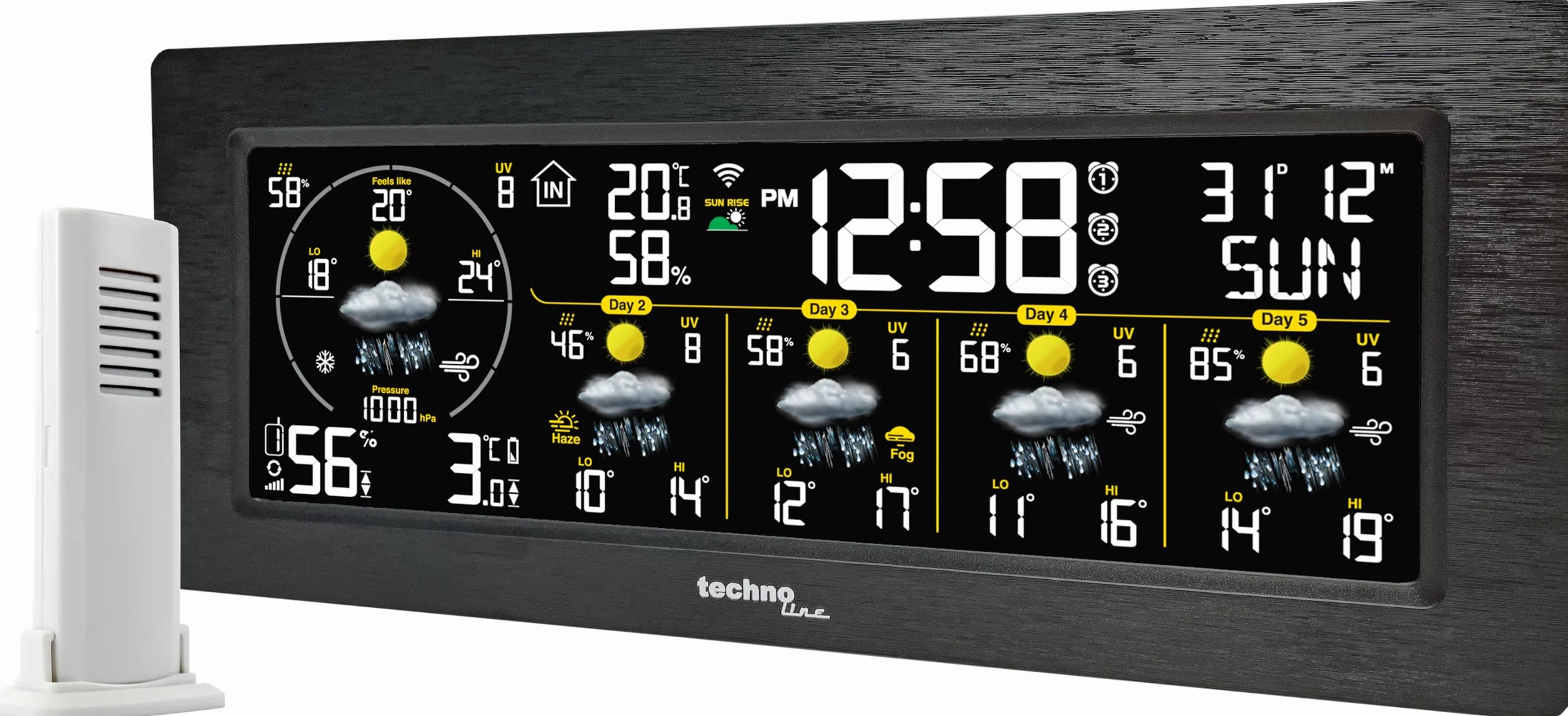 techno line WD 3050 WLAN Wetterstation mit Außensensor | 5-Tage-Wettervorhersage | Farbdisplay | Innen-/Außentemperatur | Luftfeuchtigkeit | UV-Index | App-Steuerung | 3 Alarme