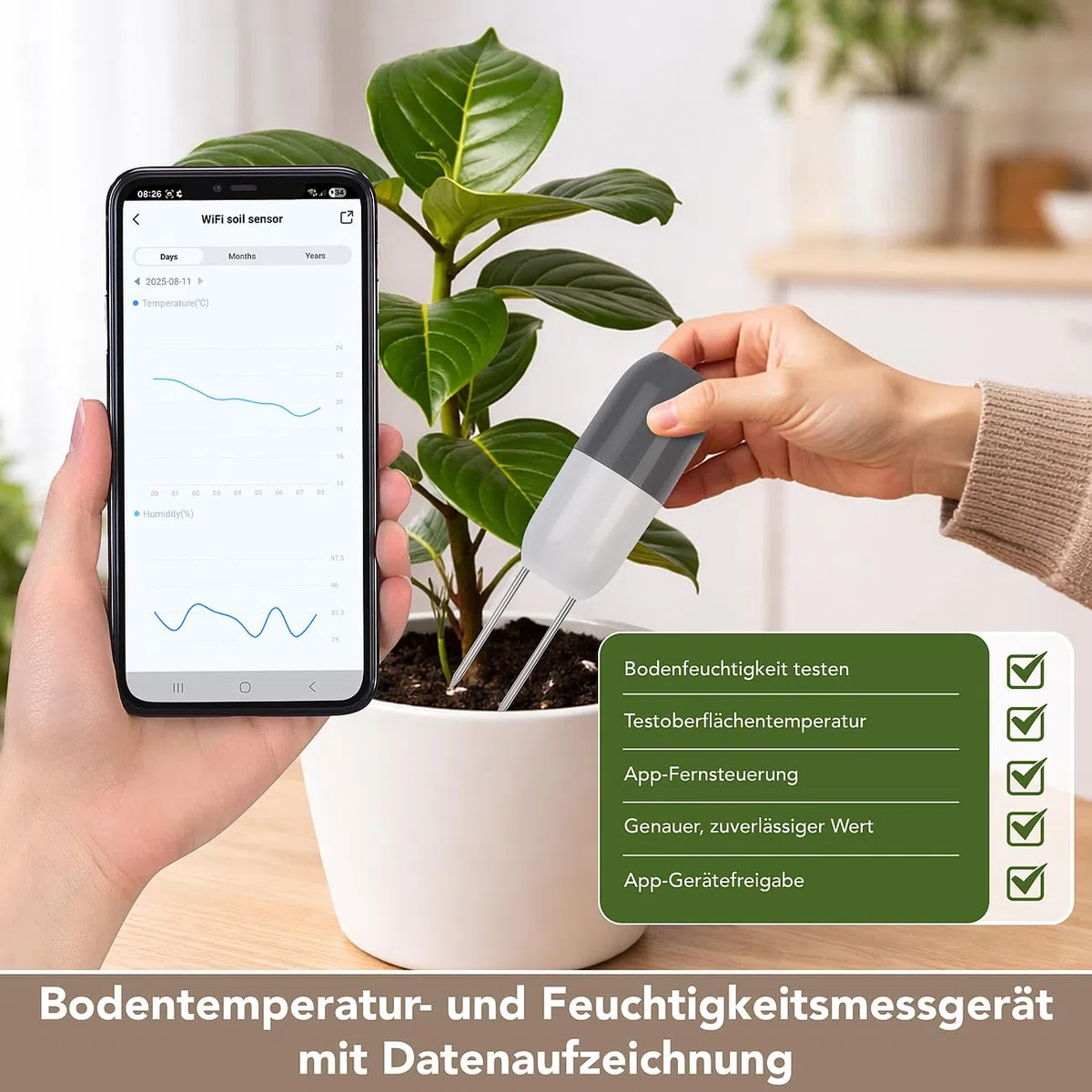 Royal Gardineer WLAN Pflanzen Sensoren: 2er-Set Smarter WLAN-Bodenfeuchtigkeits- & Temperaratursensor, App (Pflanzen Feuchtigkeit Sensoren, Pflanzenpflege)
