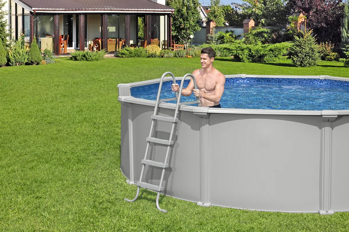 Bestway Hydrium Stahlwandpool Komplett-Set rund 457 x 122 cm Granitgrau Gartenpool Aufstellpool mit Sandfilteranlage