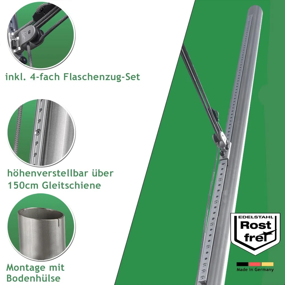 Sonnensegel Pfosten höhenverstellbar 3m, aus V2A Edelstahl inkl. Zubehör - 4-Fach Flaschenzug-Set & 0,75m Bodenhülse | Befestigung für sehr große Segel (70/3mm)