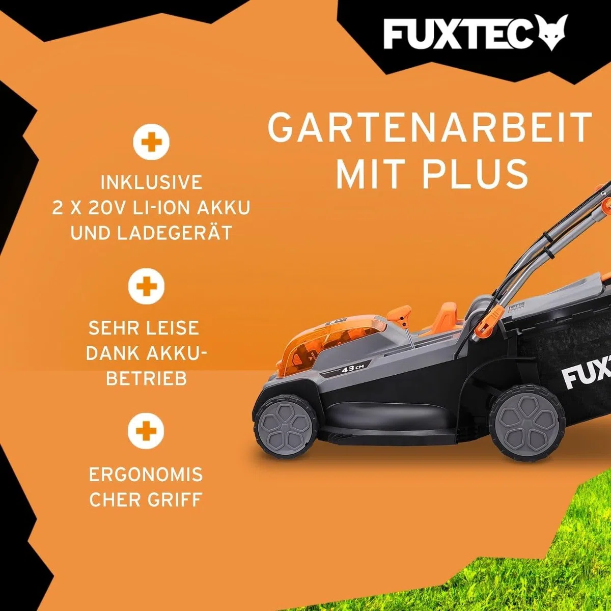 FUXTEC 40V Akku Rasenmäher FX-E2RM43PRO • AkkuMäher mit Akku & Ladegerät • 43 cm • FlexSpeed Variable Geschwindigkeit • Radantrieb • Schnitthöhenverstellung • Grasfangkorb und Mulchfunktion