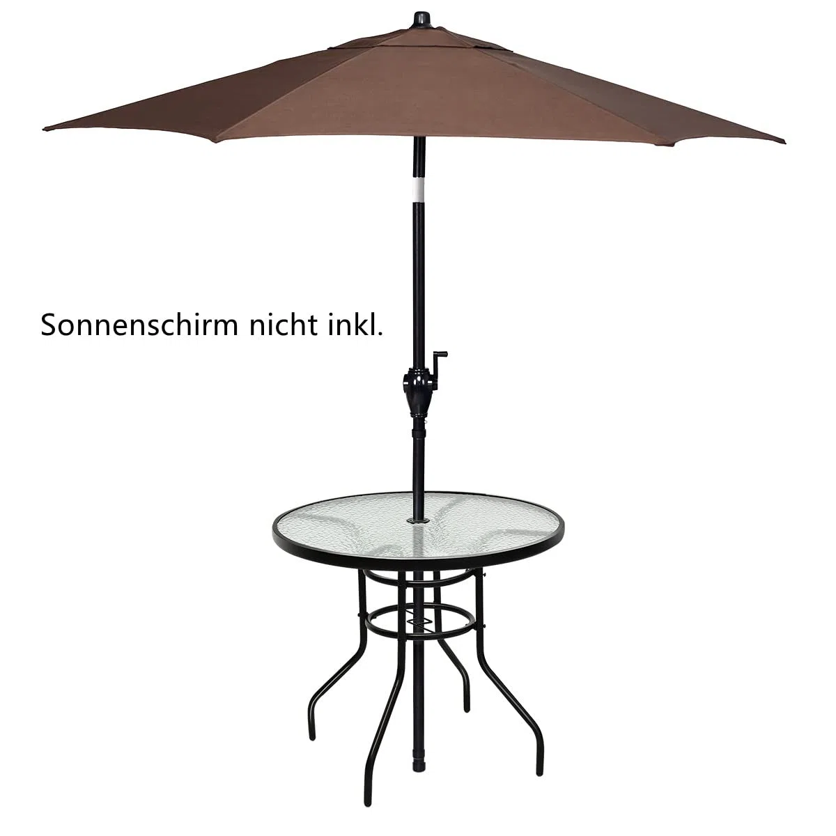 GYMAX Gartentisch rund 80 cm, Balkontisch klein mit Schirmloch, Beistelltisch Outdoor Wetterfest mit Glasplatte & Metallgestell, Terrassentisch für Balkon & Garten