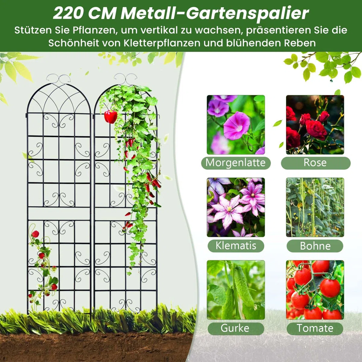 GOPLUS Rankgitter Metall 220cm hoch, 2er Set Rankhilfe, Rosenspalier mit Ranknetz, dekorativer Rosengitter, freistehende Gartenzaun Pflanzengitter für Kletterpflanzen, Blumen, zum Stecken, 220 x 50 cm
