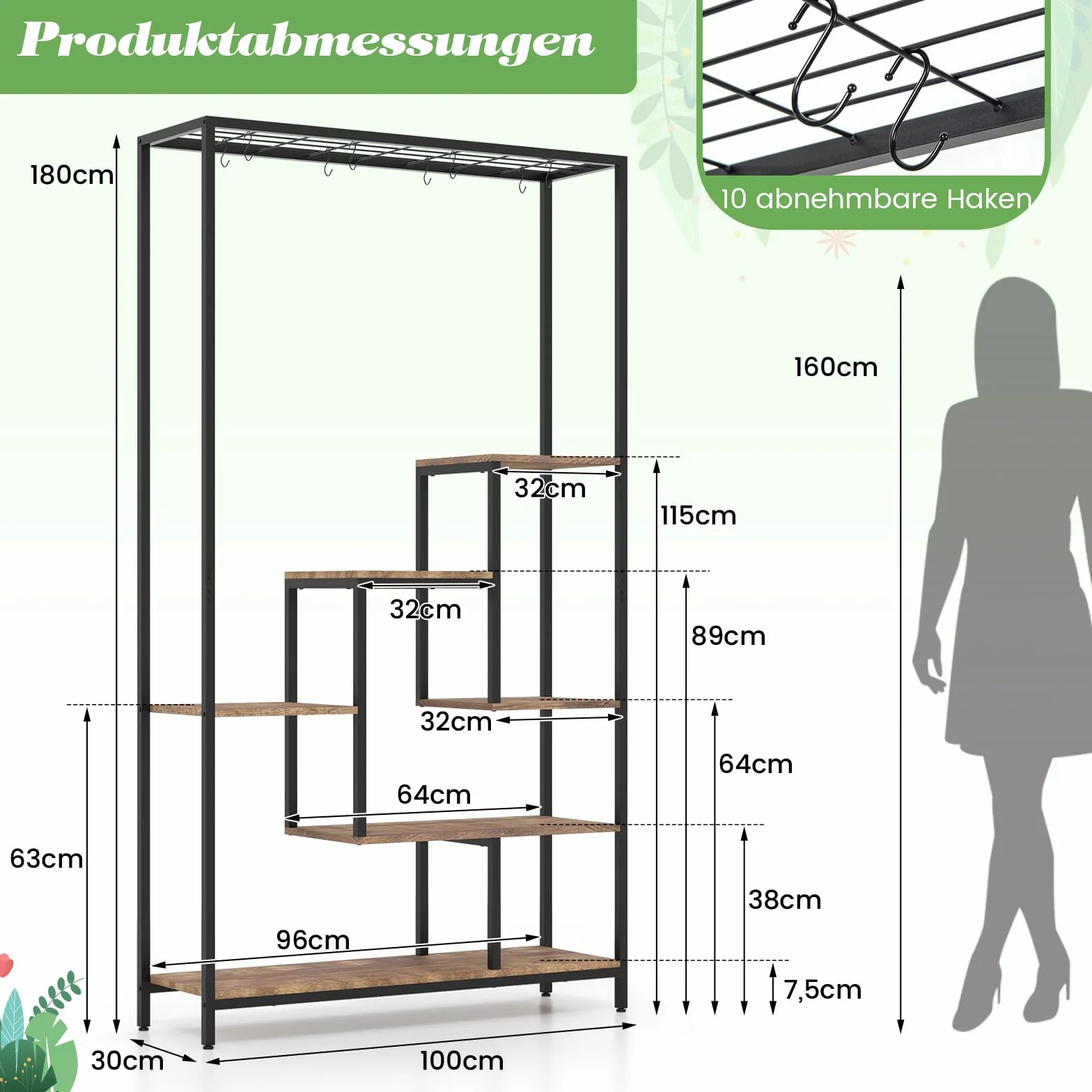 GOPLUS 6 Etagen Pflanzenständer, Pflanzenregal mit Hängeregal & 10 S-Haken, Blumenregal Blumenständer Blumentreppe für Wohnzimmer & Balkon, 100 x 30 x 180 cm (Rustikales Braun)